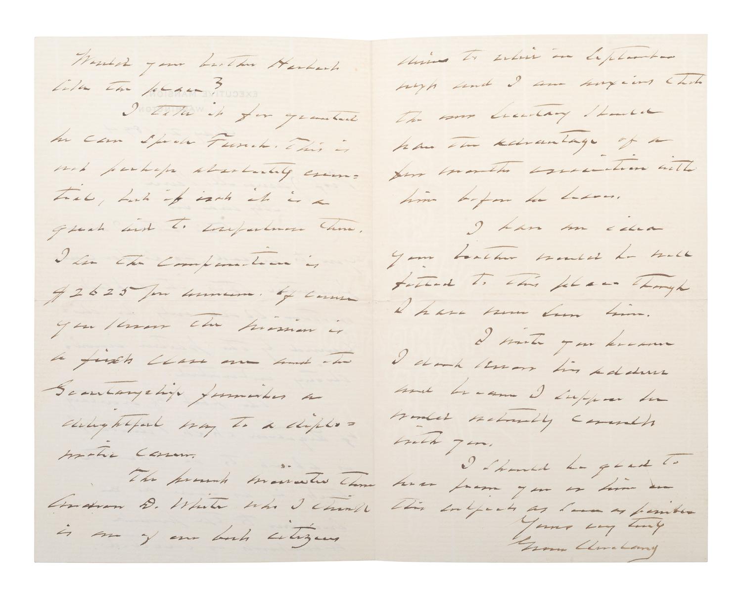 CLEVELAND, Grover (1837-1908). Autograph letter signed ("Grover Cleveland"), as President. Washington, DC, 2 May 1894.