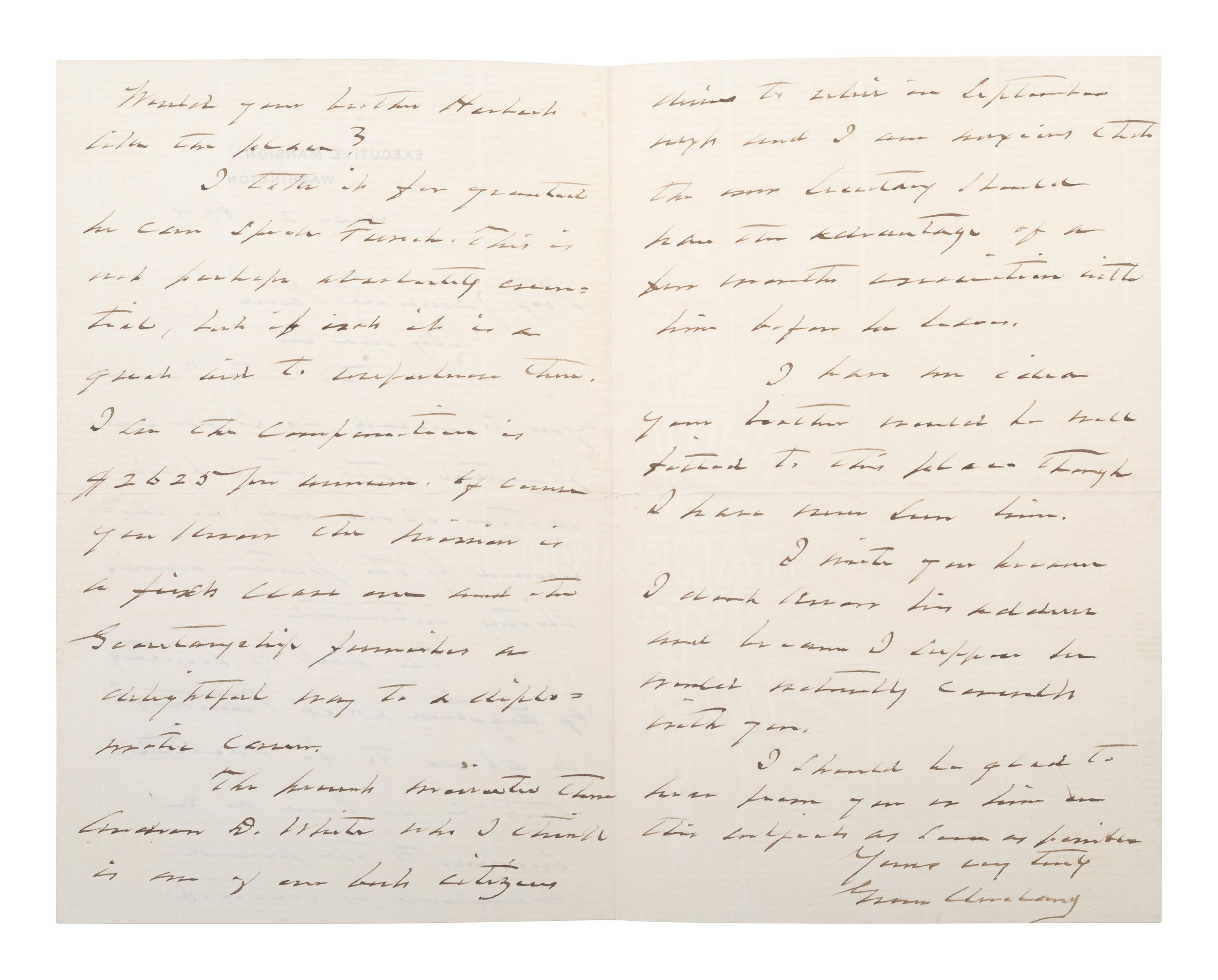 CLEVELAND, Grover (1837-1908). Autograph letter signed ("Grover Cleveland"), as President. Washington, DC, 2 May 1894.