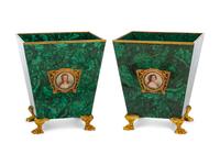 A Pair of Gilt Bronze and Porcelain Mounted Malachite Jardinières
