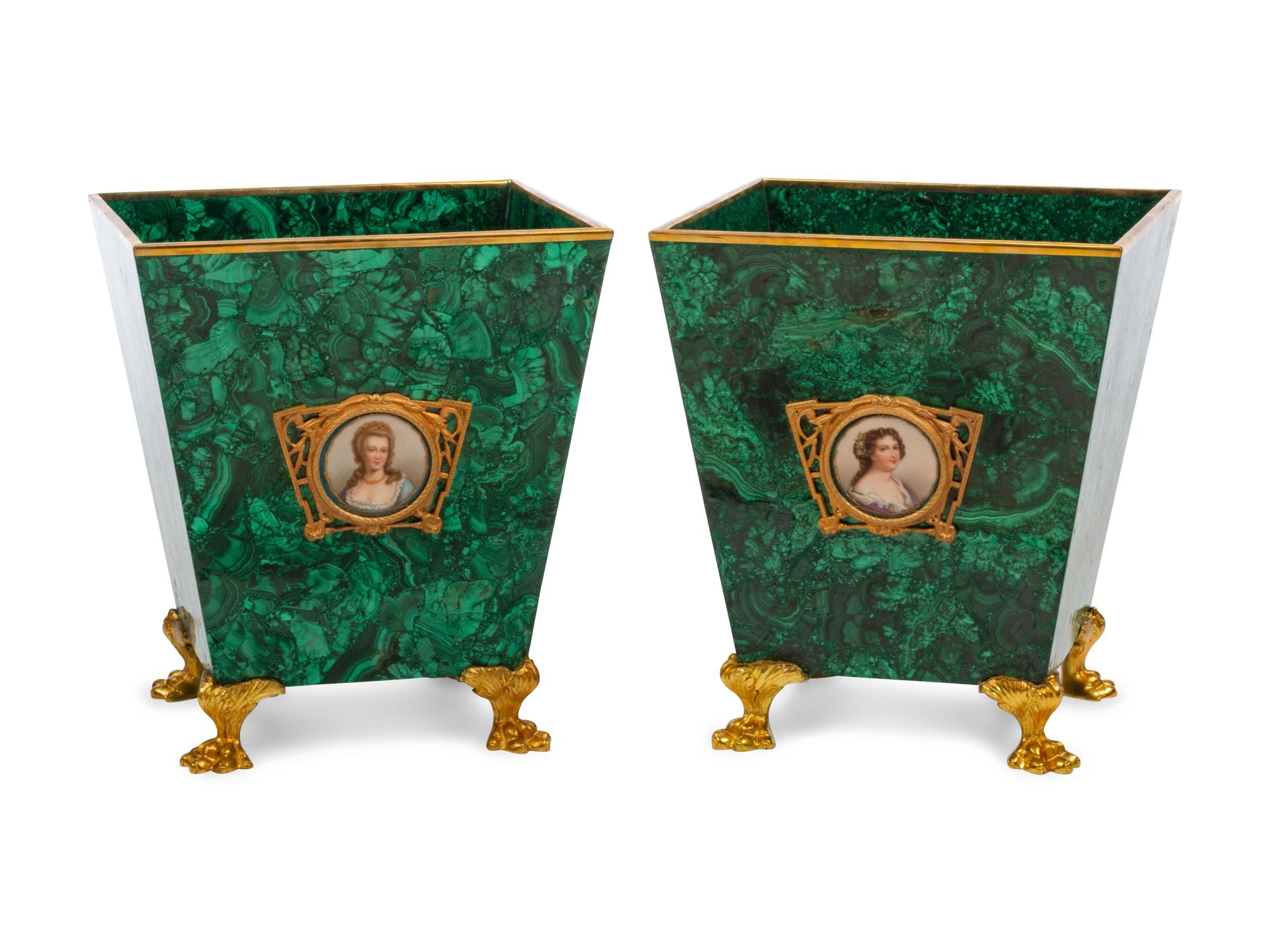 A Pair of Gilt Bronze and Porcelain Mounted Malachite Jardinières