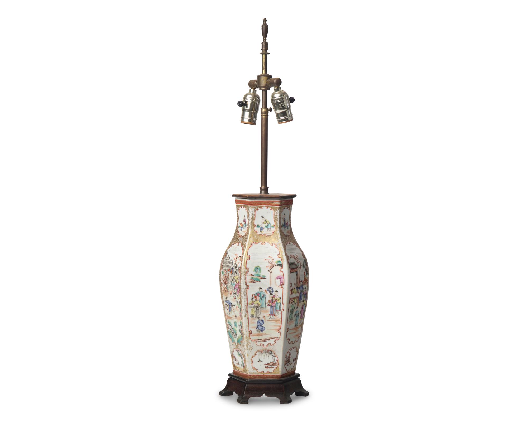 A Chinese Export Porcelain Famille Rose Hexagonal Vase Mounted as a Lamp