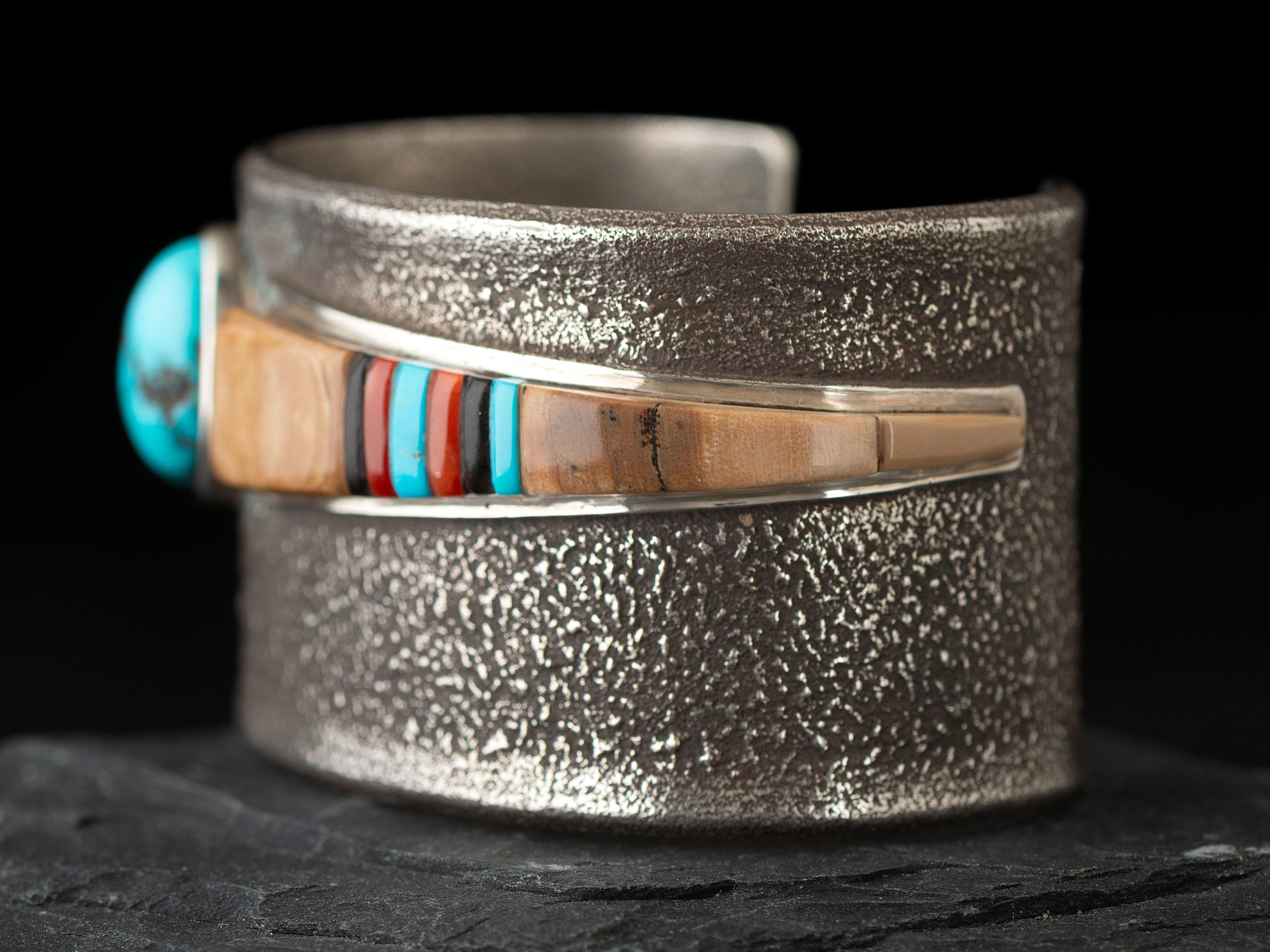 Silver Tufa Cast Cuff Bracelet with Inlay