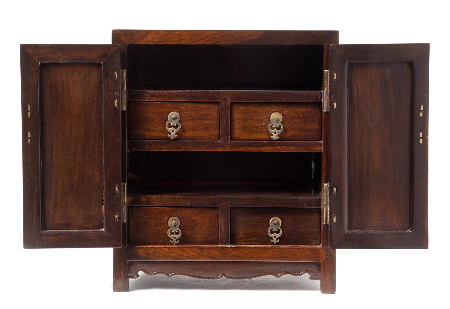 A Chinese Zitan Kang Cabinet, Antougui Height 13 3/4 x width 11 5/8 x depth 6 3/4 inches. — 18TH/19TH CENTURY
