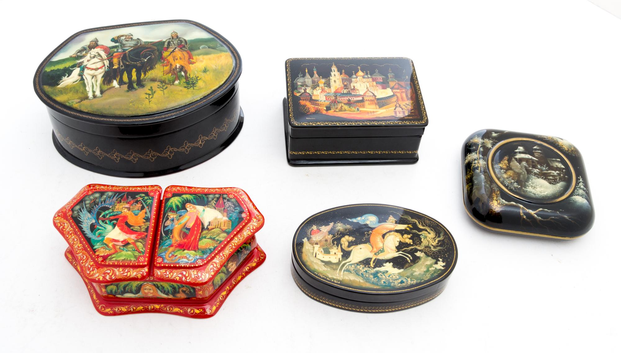 A Group of Five Russian Lacquer Boxes Height of largest 2 1/2 inches x width 6 3/8 x depth 4 7/8 inches.
