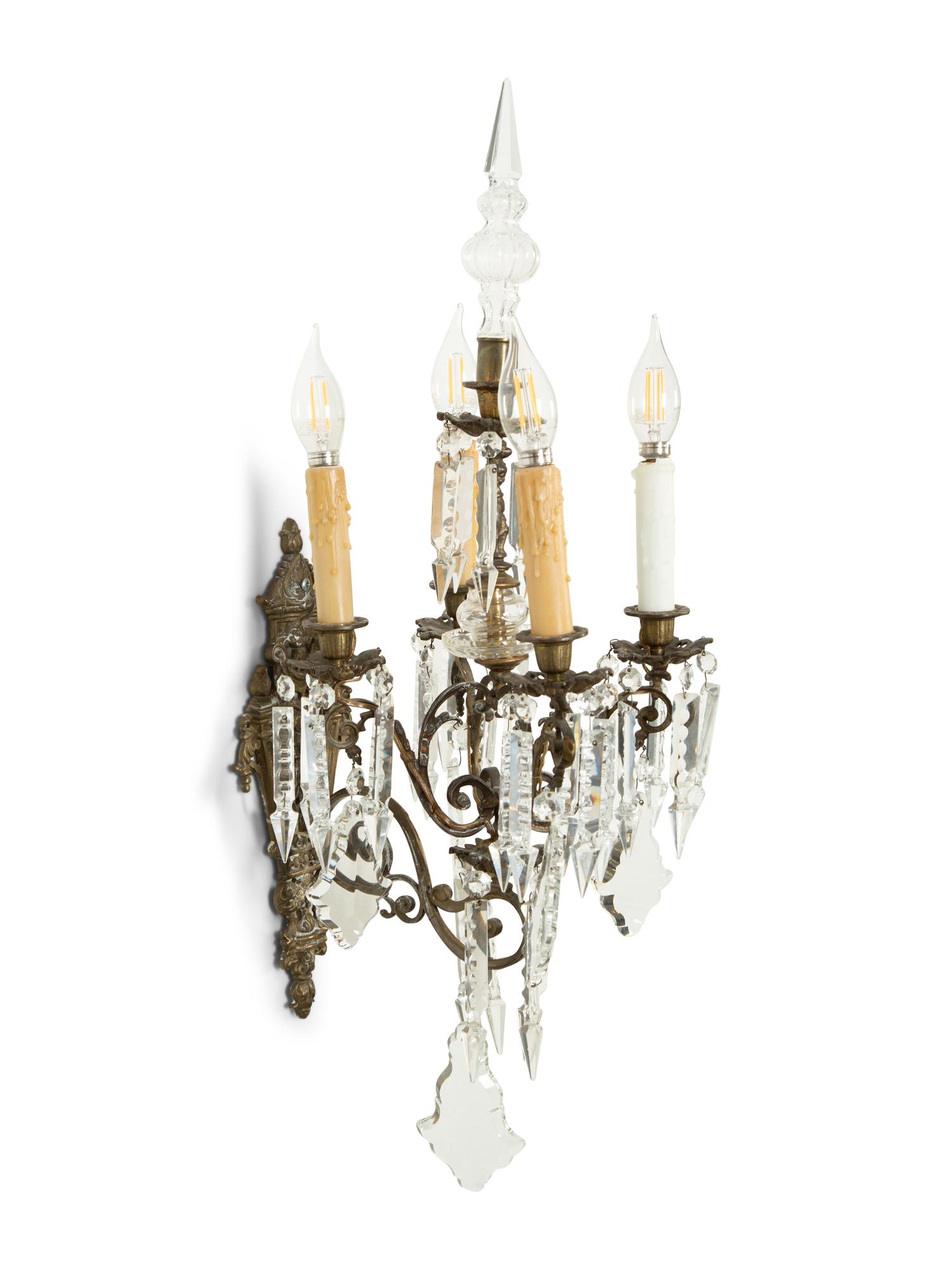 A Pair of Continental Cast Metal and Cut Glass Four-Light Scones
