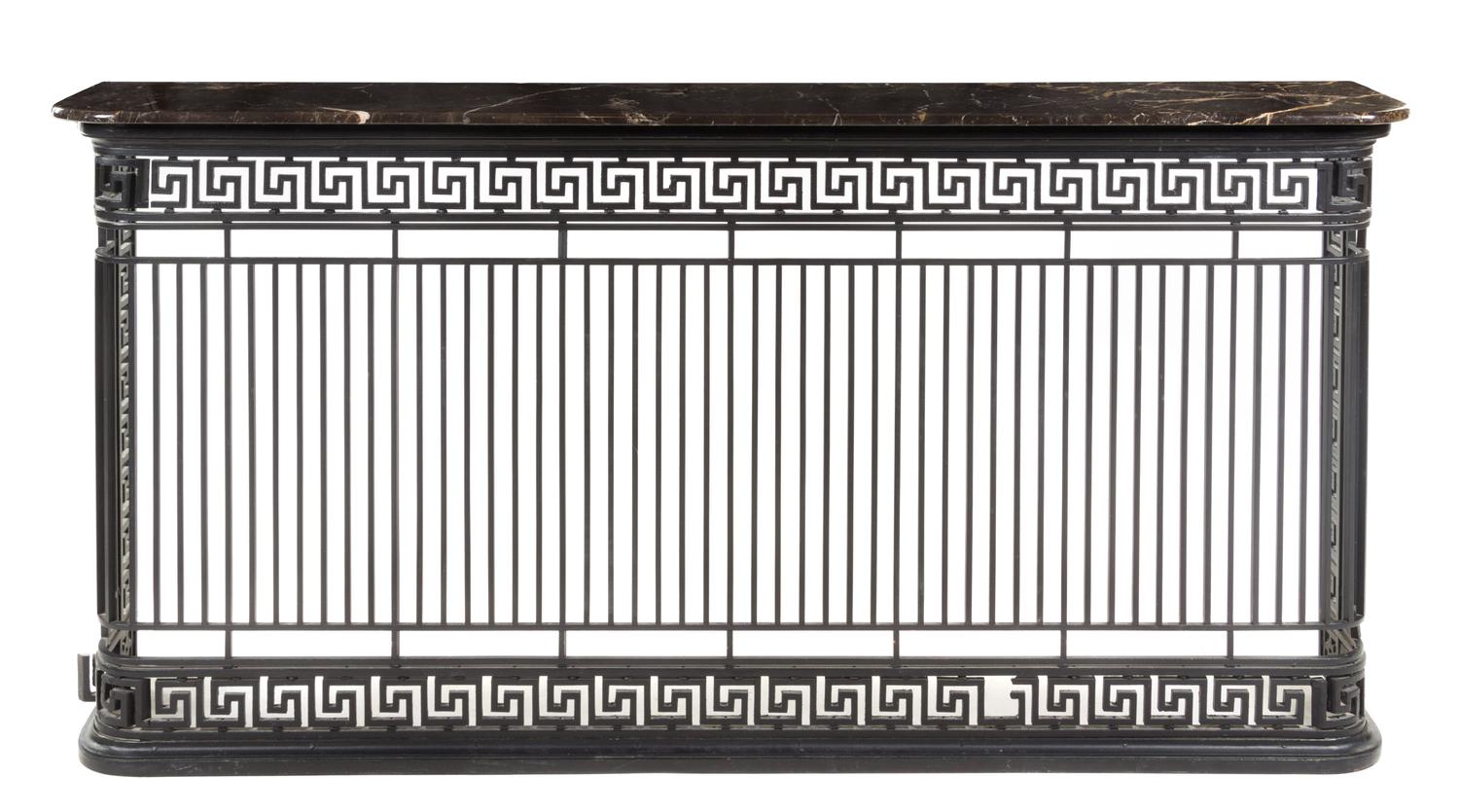 A Pair of Iron Balcony Grate Console Tables Height 42 x width 83 x depth 14 inches.