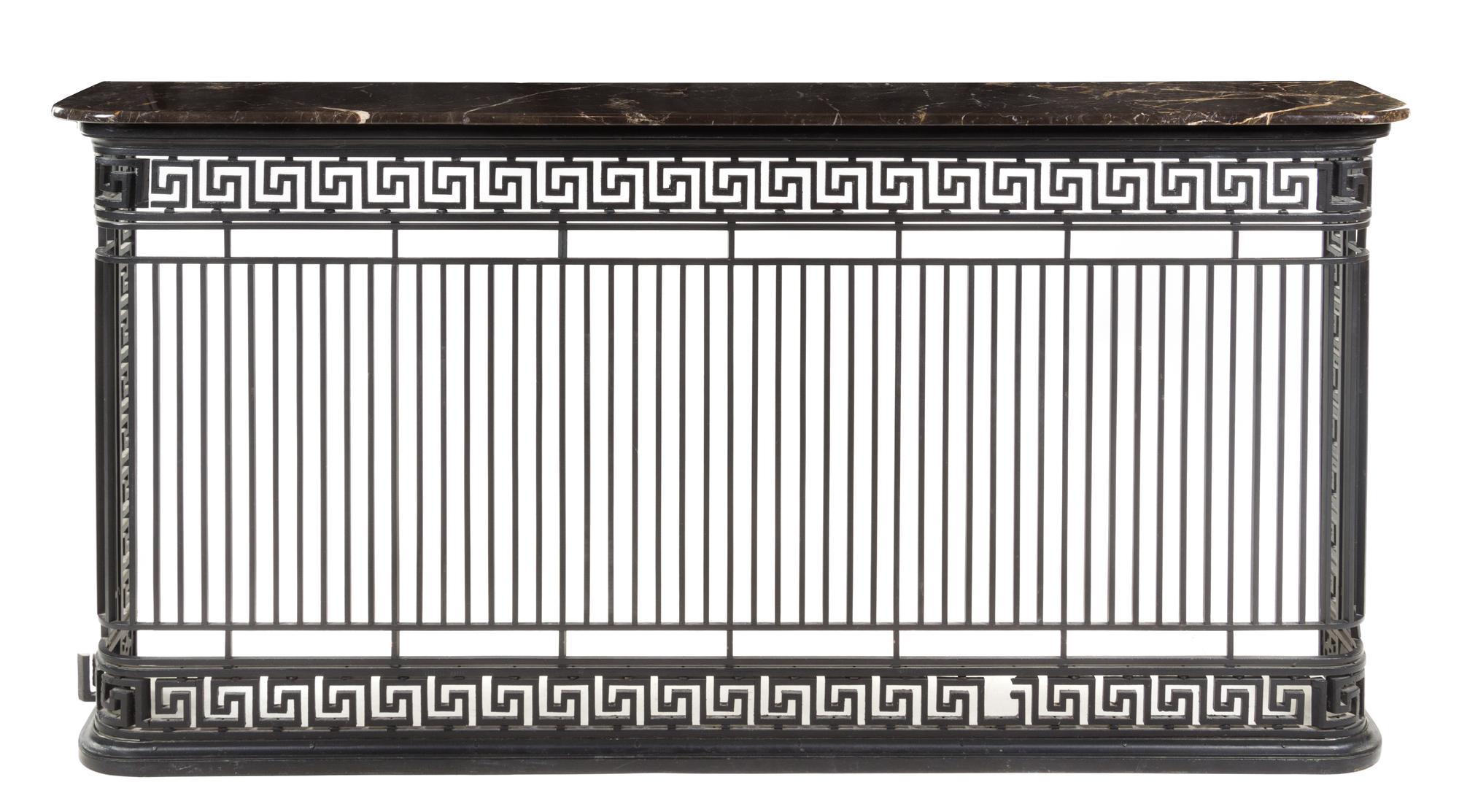 A Pair of Iron Balcony Grate Console Tables Height 42 x width 83 x depth 14 inches.
