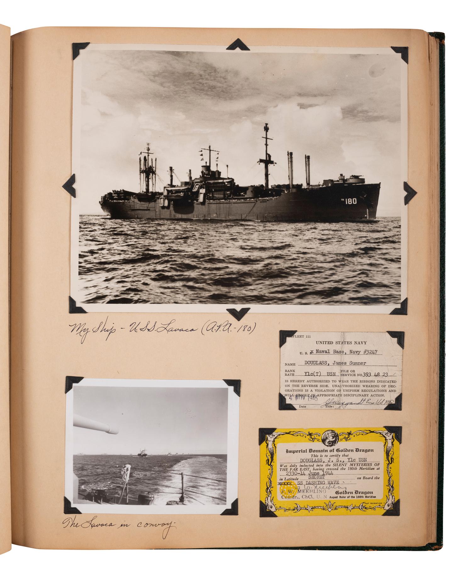 [WORLD WAR II]. Extensive US Navy album identified to James Sumner Douglass, Yeoman First Class, USS Lavaca, featuring pre-war and war-date photographs of Tinian Island, aerial reconnaissance, atomic bomb carriers, and more.