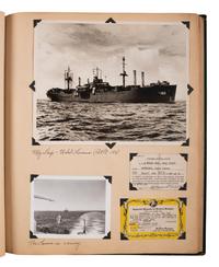 [WORLD WAR II]. Extensive US Navy album identified to James Sumner Douglass, Yeoman First Class, USS Lavaca, featuring pre-war and war-date photographs of Tinian Island, aerial reconnaissance, atomic bomb carriers, and more.
