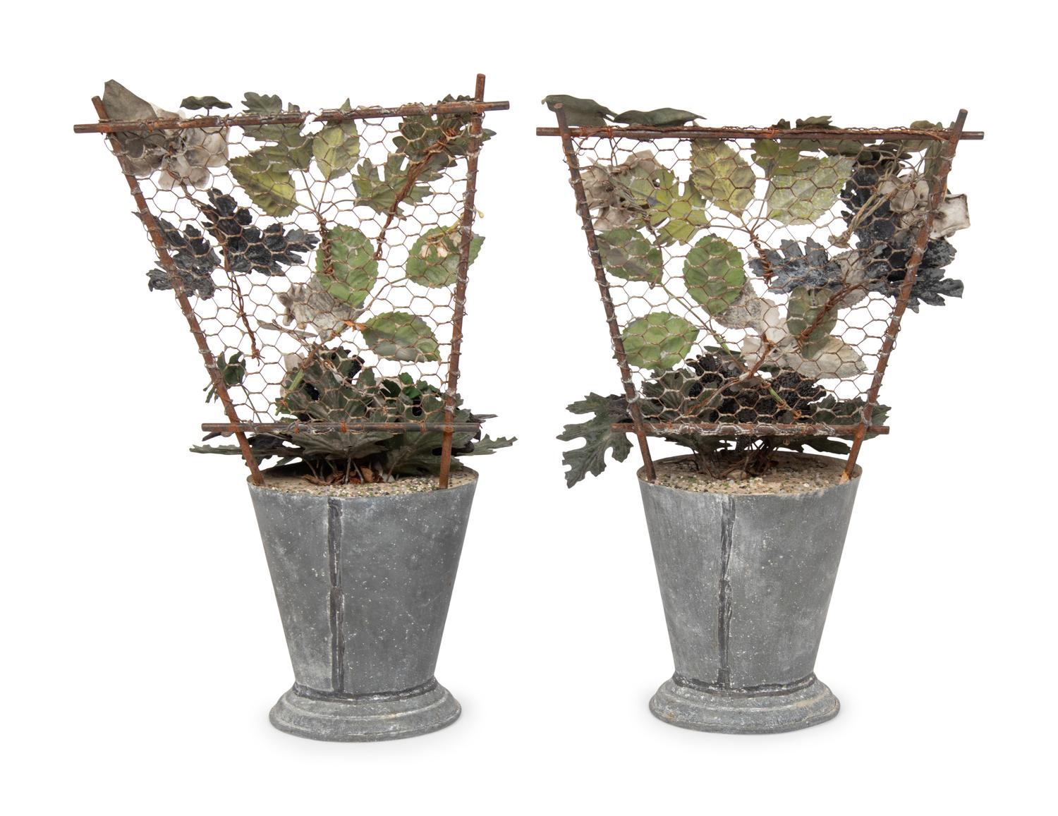 A Pair of Tôle and Porcelain Models of Flowering Trellises