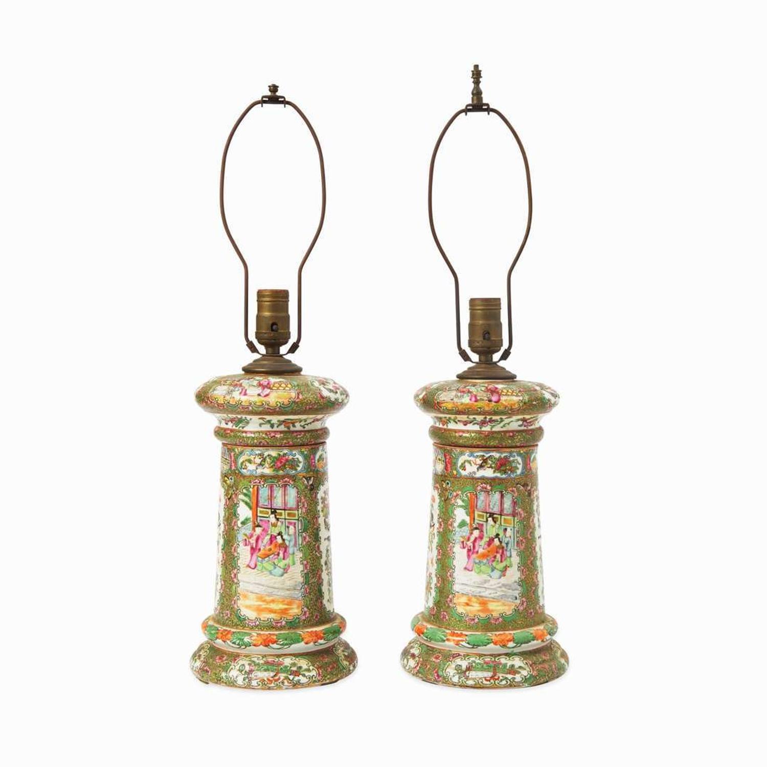 A pair of Chinese Export porcelain Rose Medallion palette jars fitted as lamps 19th century