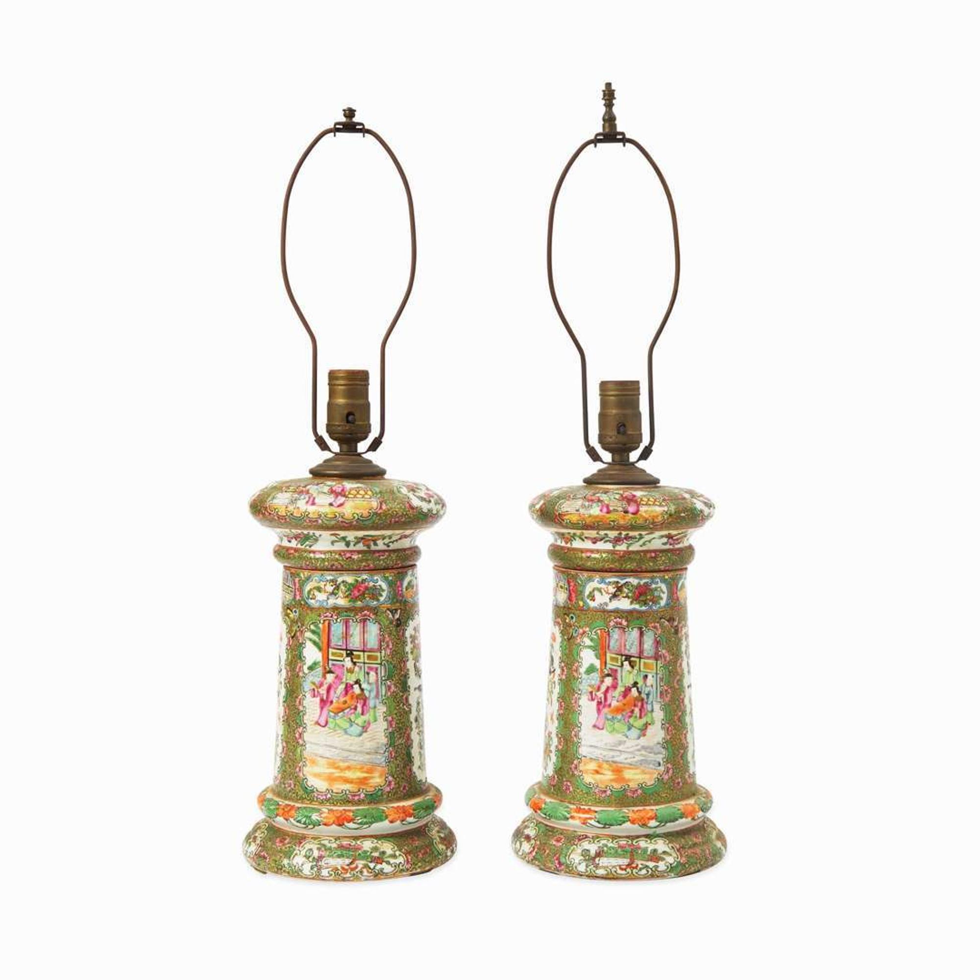 A pair of Chinese Export porcelain Rose Medallion palette jars fitted as lamps 19th century