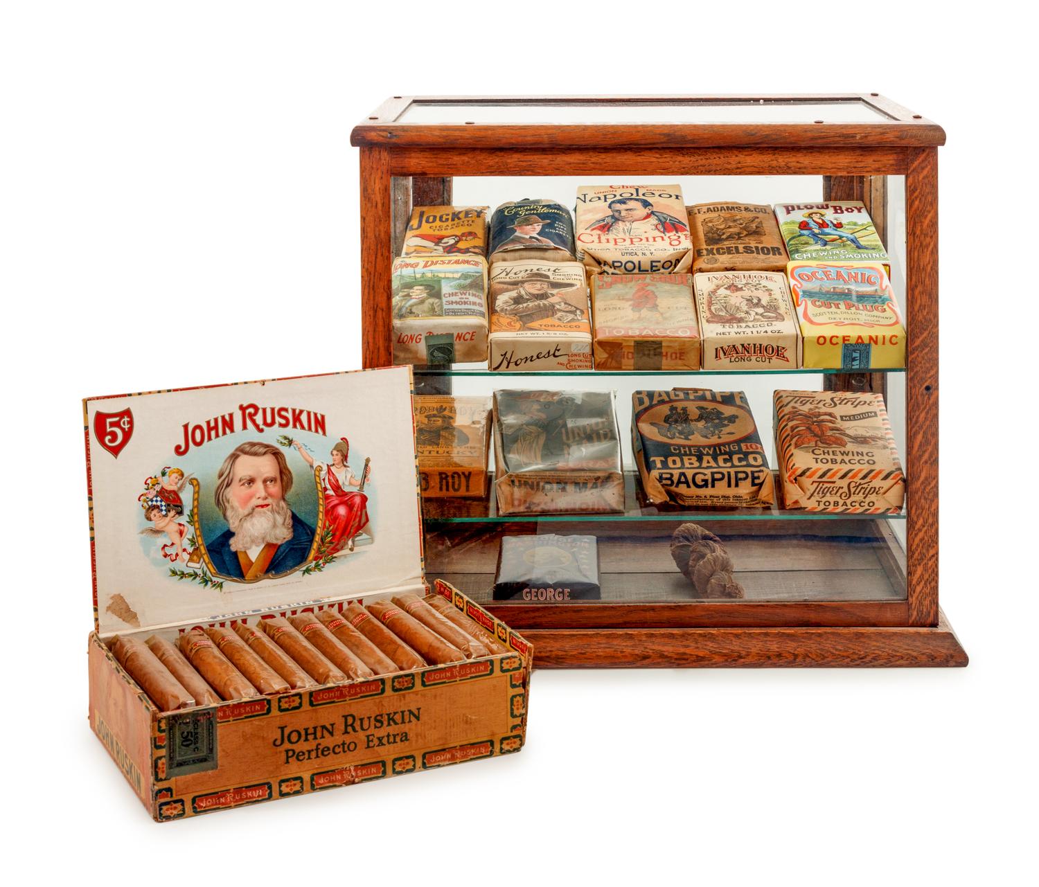 A Collection of Fifteen Tobacco Cartons and a Tobacco Rope in Display Case