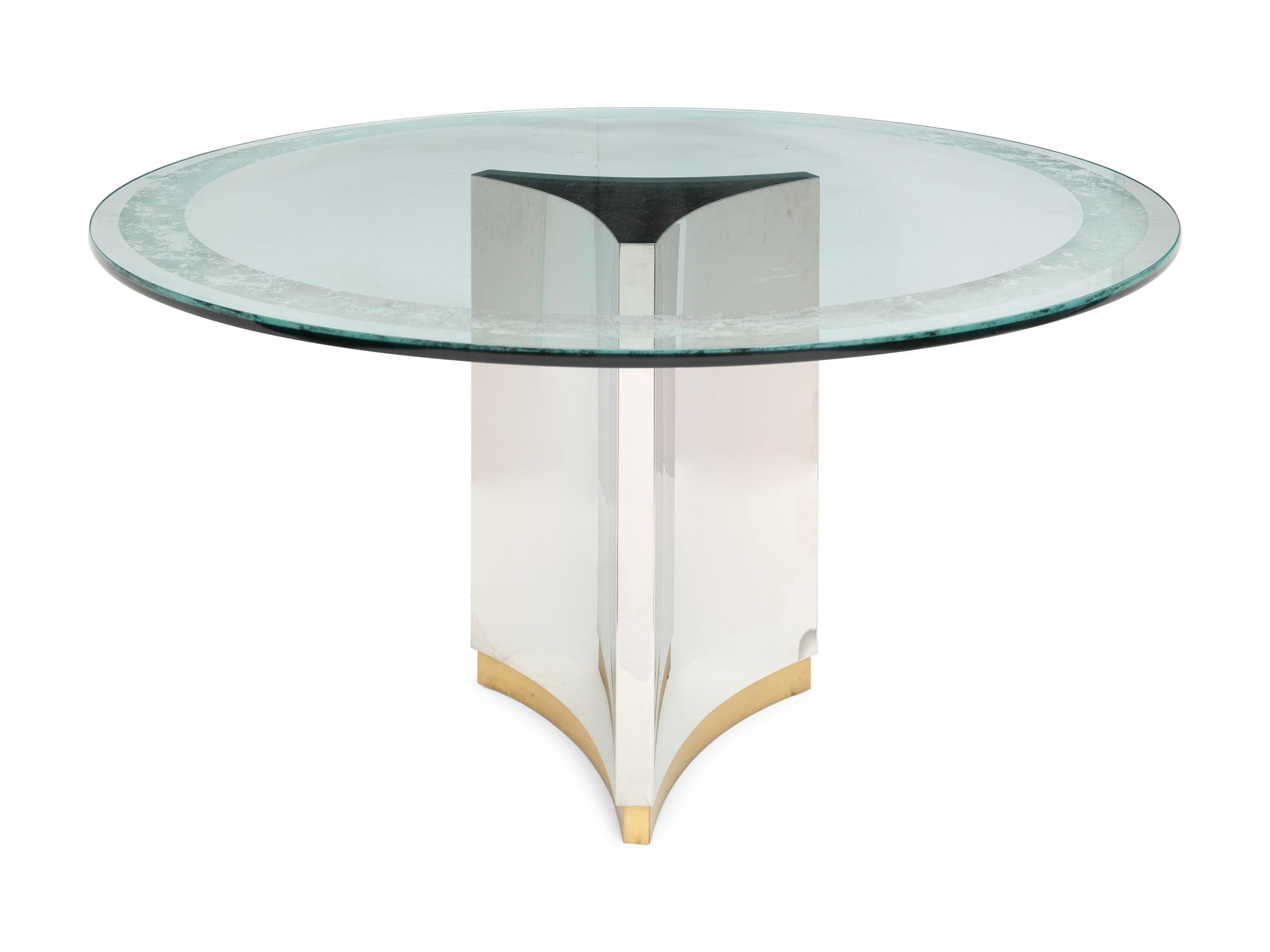 A Brass and Stainless Steel Pedestal Dining Table