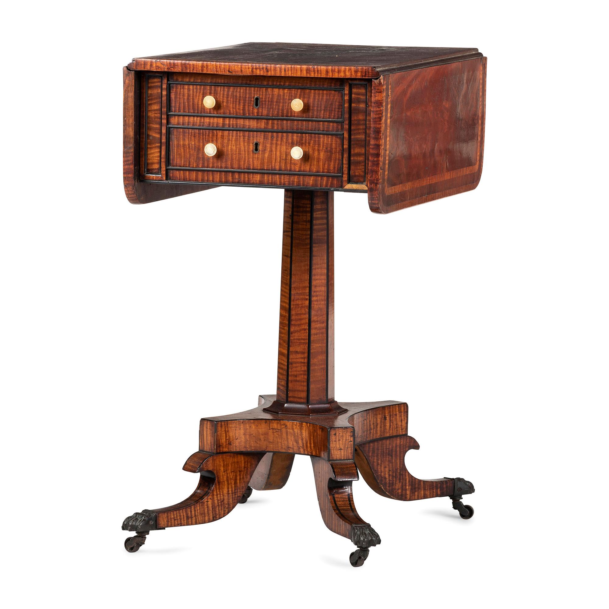 A Regency Inlaid and Figured Maple and Mahogany Work Table
