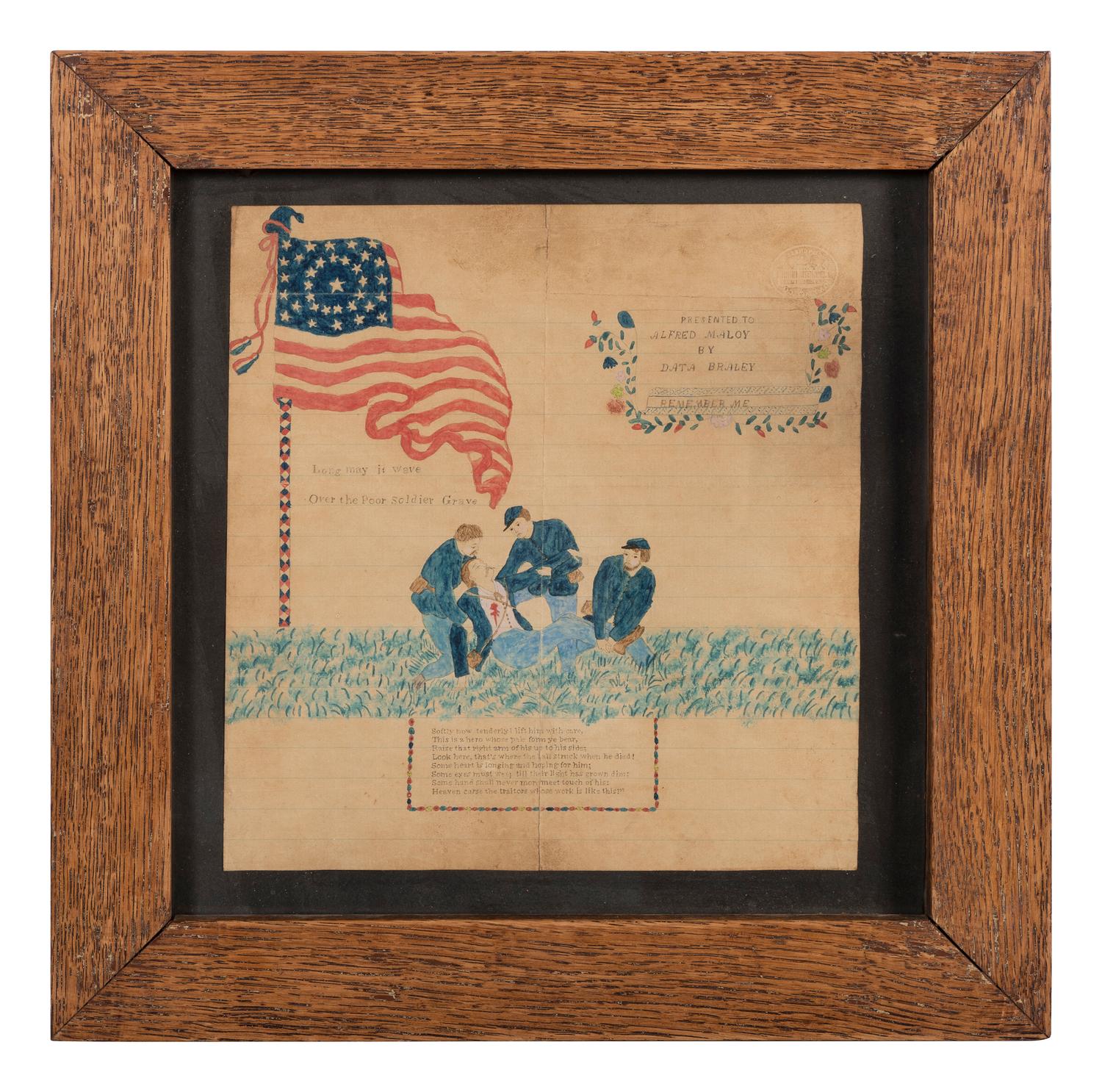 Long May it Wave over the Soldier's Grave . Civil War soldier folk art drawing.