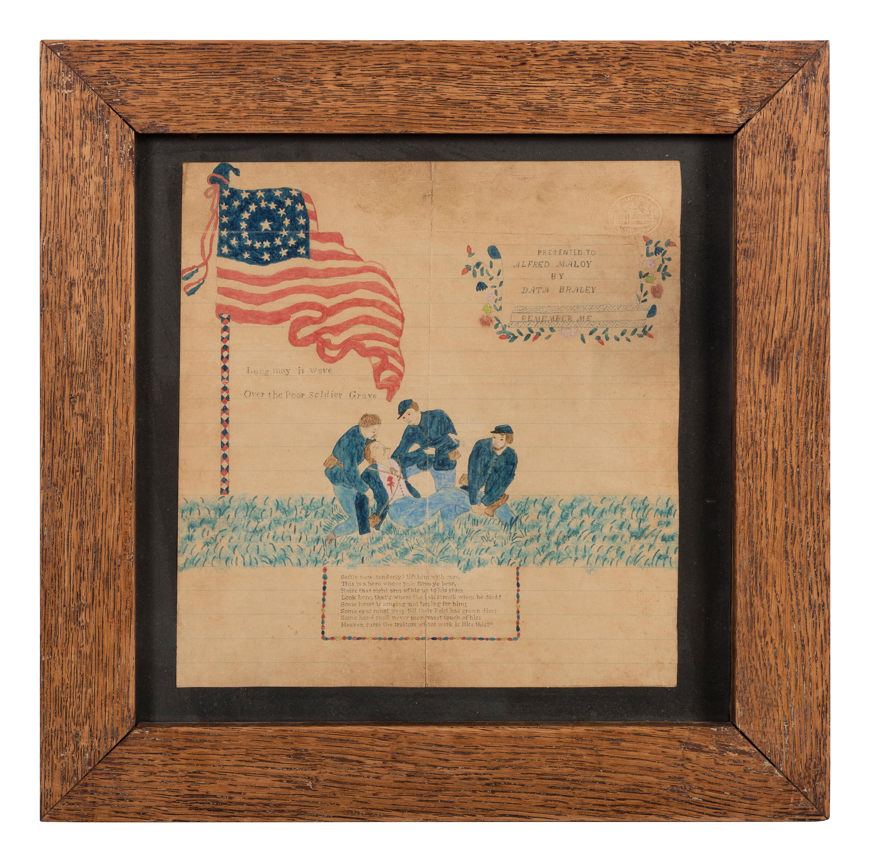 Long May it Wave over the Soldier's Grave . Civil War soldier folk art drawing.