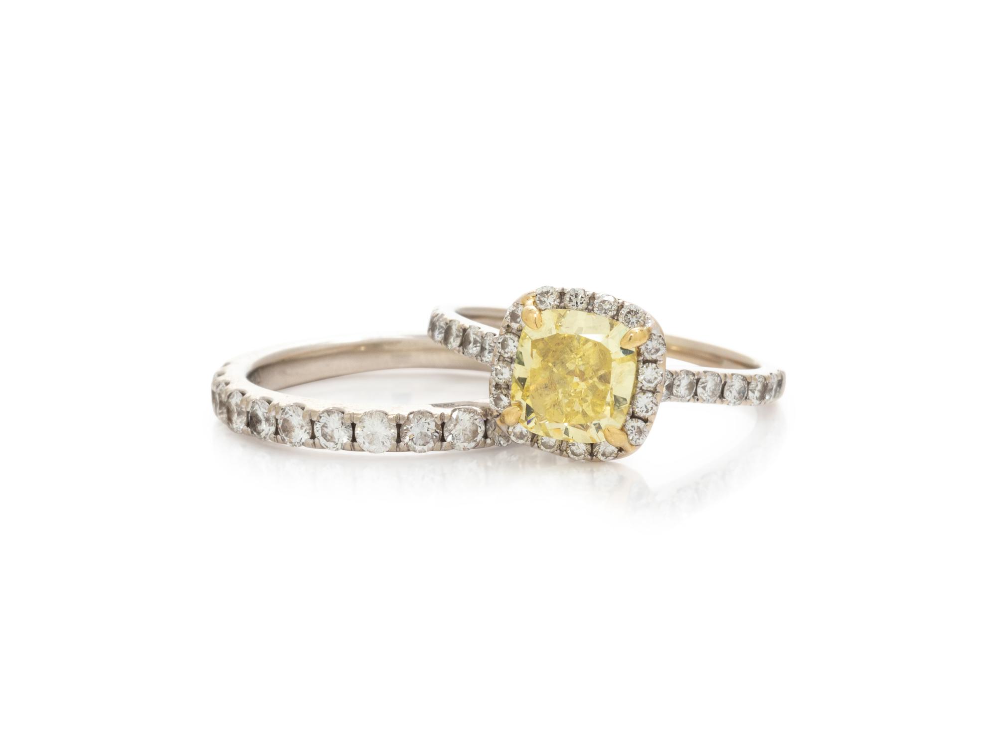 FANCY INTENSE YELLOW DIAMOND RING AND DIAMOND BAND RING