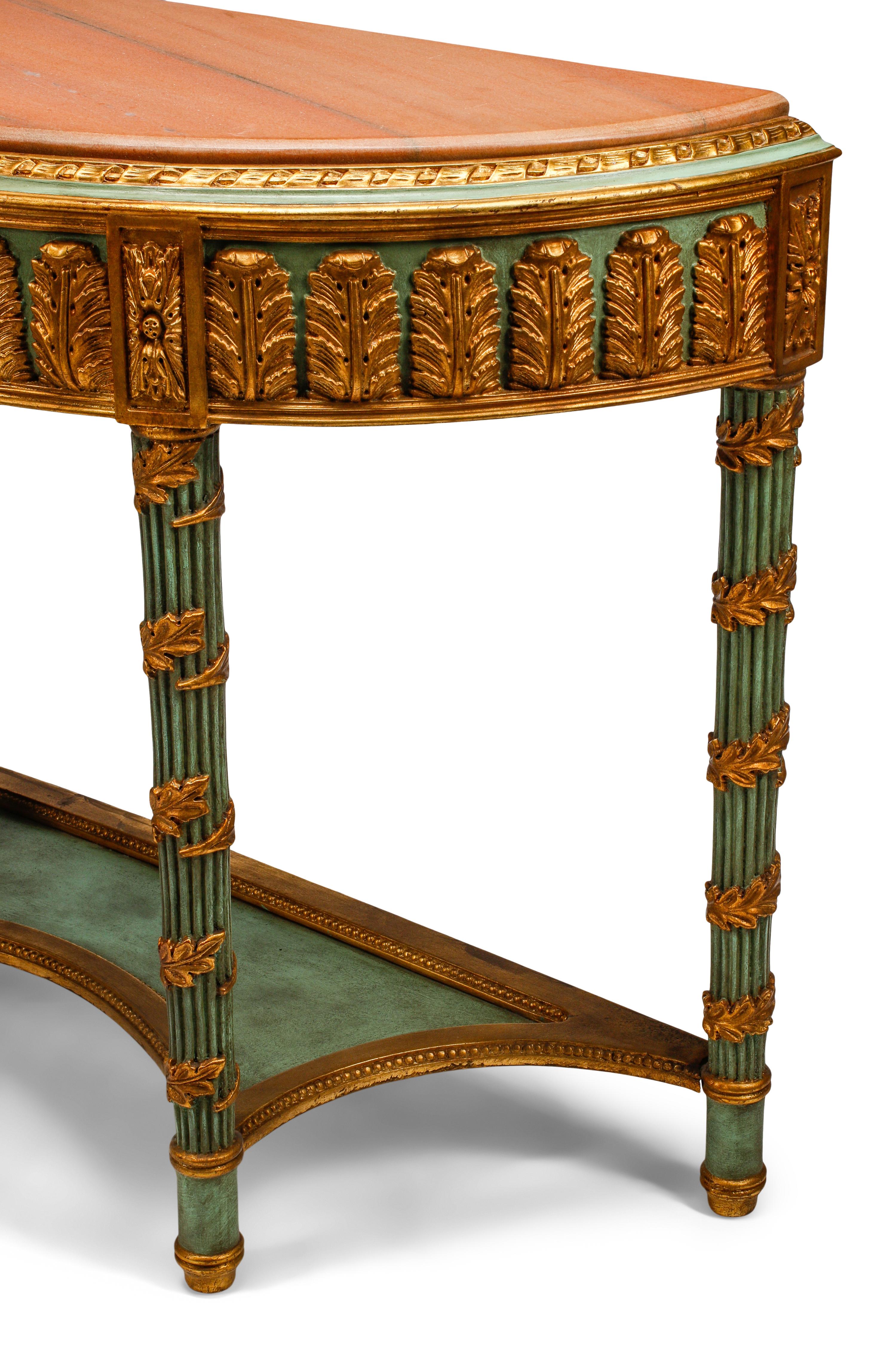 A Pair of Italian Neoclassical Style Painted and Parcel Gilt Marble-Top Console Tables
