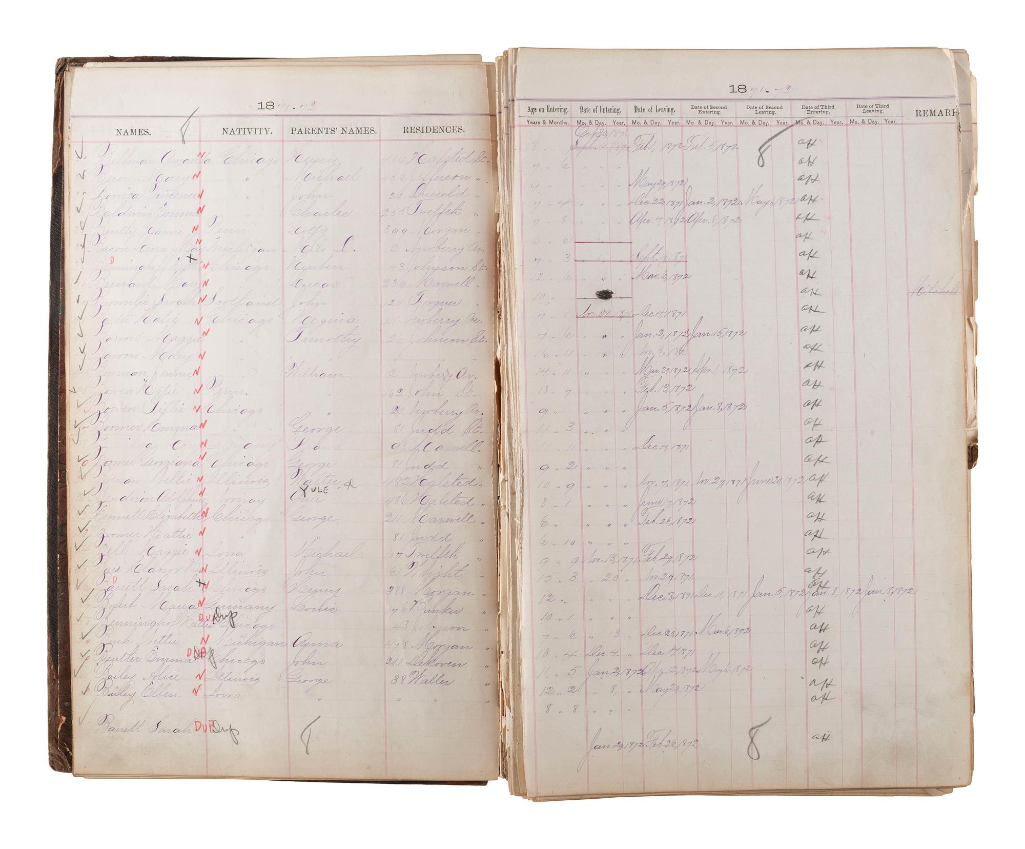 [CHICAGO FIRE]. Register of Admissions and Discharges in the Foster School, Chicago, Illinois, 1871-1872.