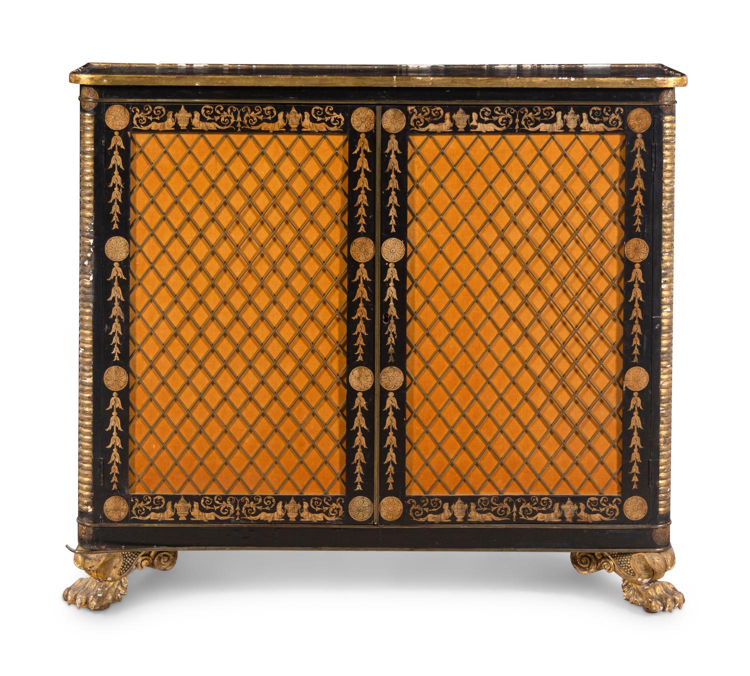 A Regency Style Parcel Gilt and Ebonized Penwork Cabinet
