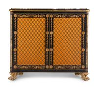 A Regency Style Parcel Gilt and Ebonized Penwork Cabinet
