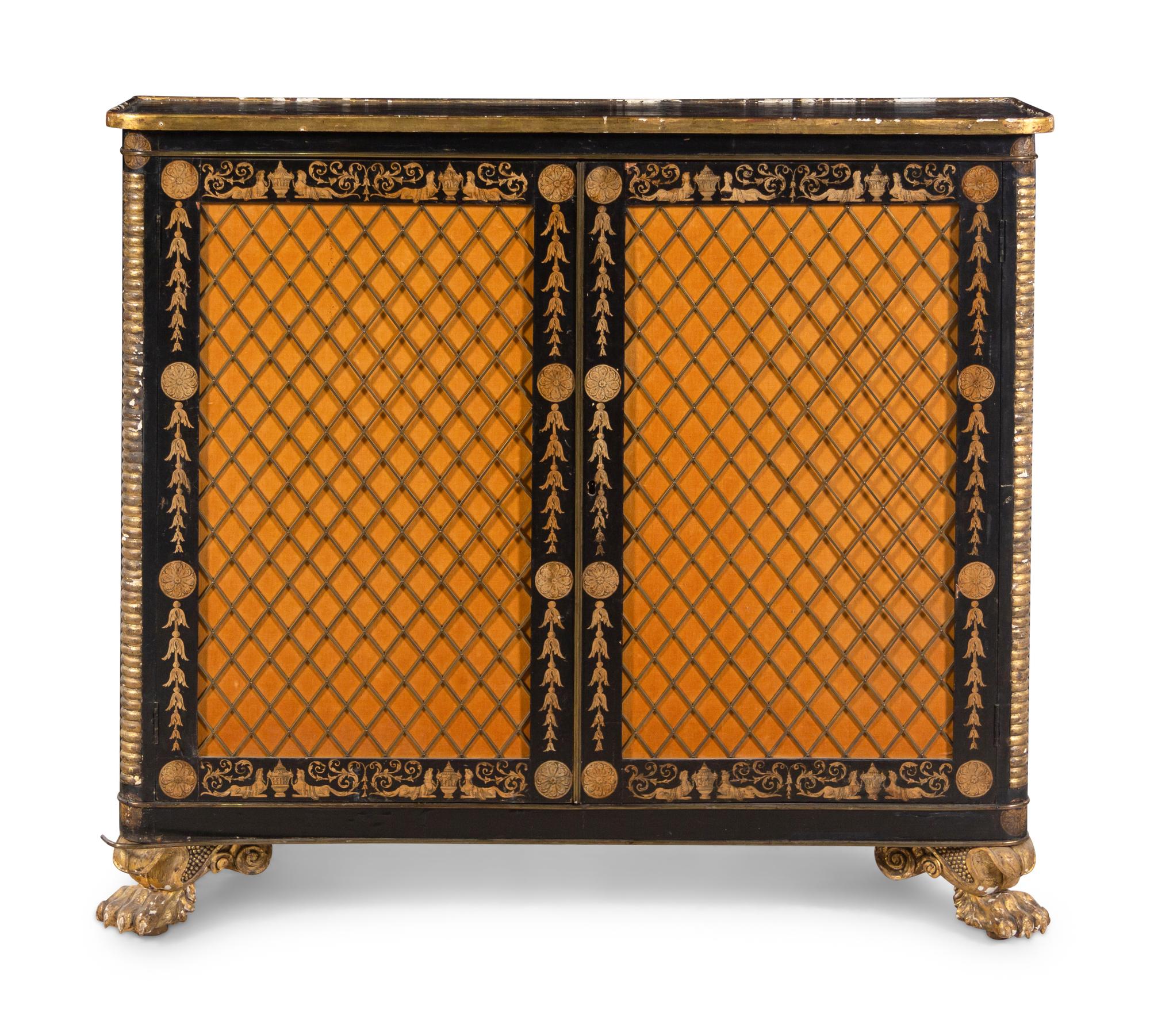 A Regency Style Parcel Gilt and Ebonized Penwork Cabinet