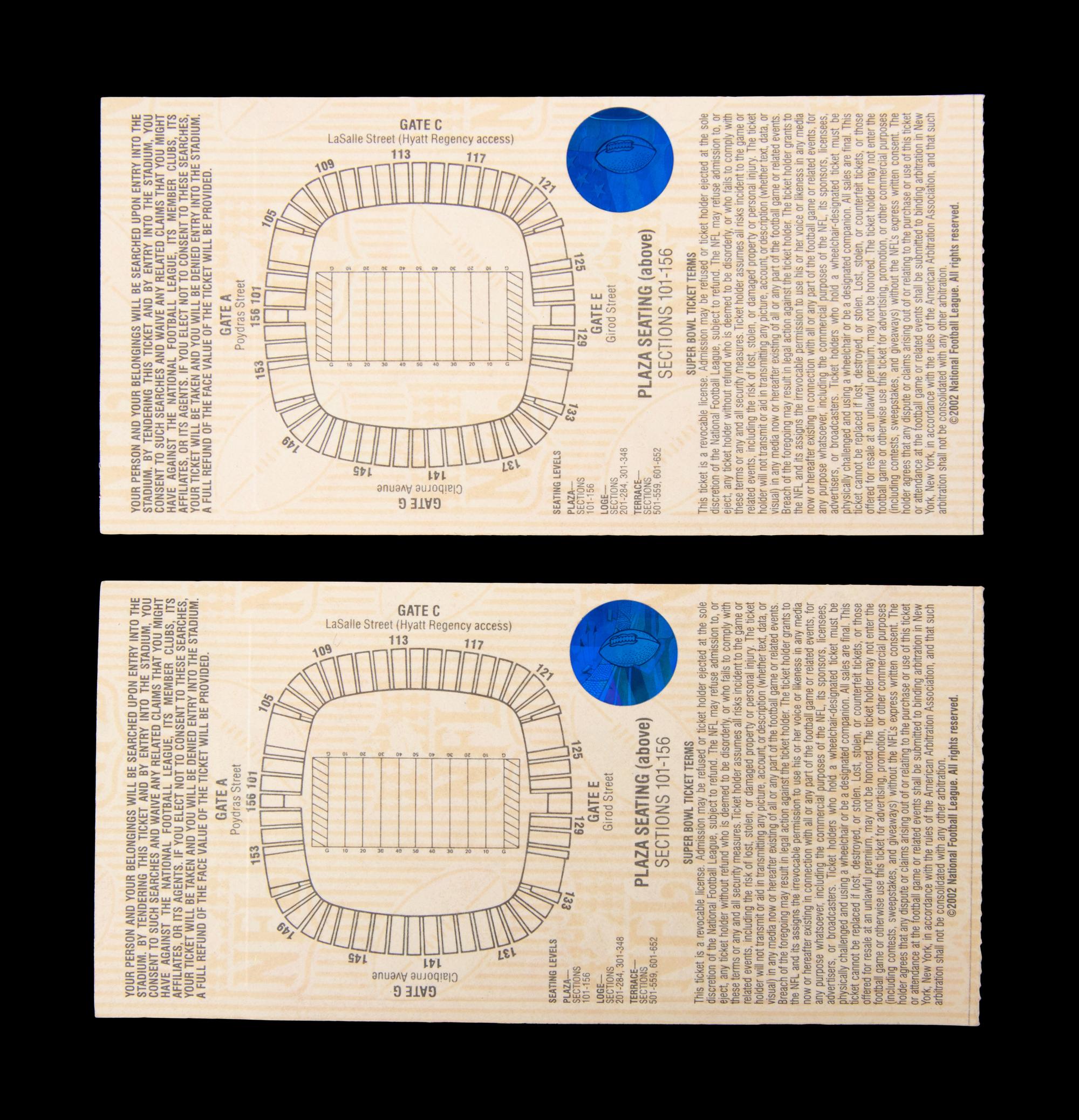 A Group of Two 2001 Super Bowl XXXVI On Site Silver Tickets (Tom Brady's First Super Bowl Victory, MVP),