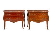 A Near Pair of Louis XV Style Gilt Metal Mounted Parquetry Marble-Top Commodes