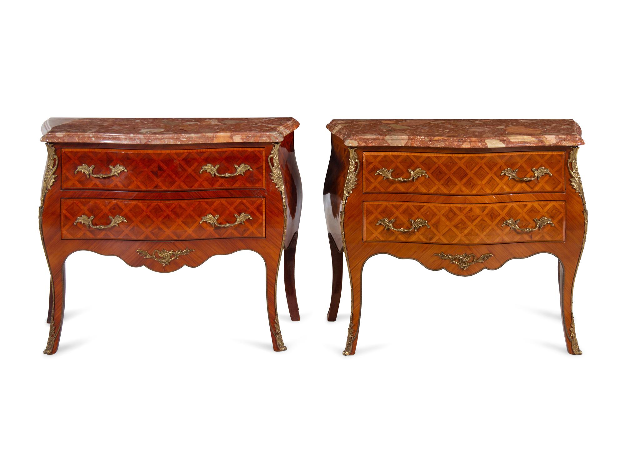 A Near Pair of Louis XV Style Gilt Metal Mounted Parquetry Marble-Top Commodes