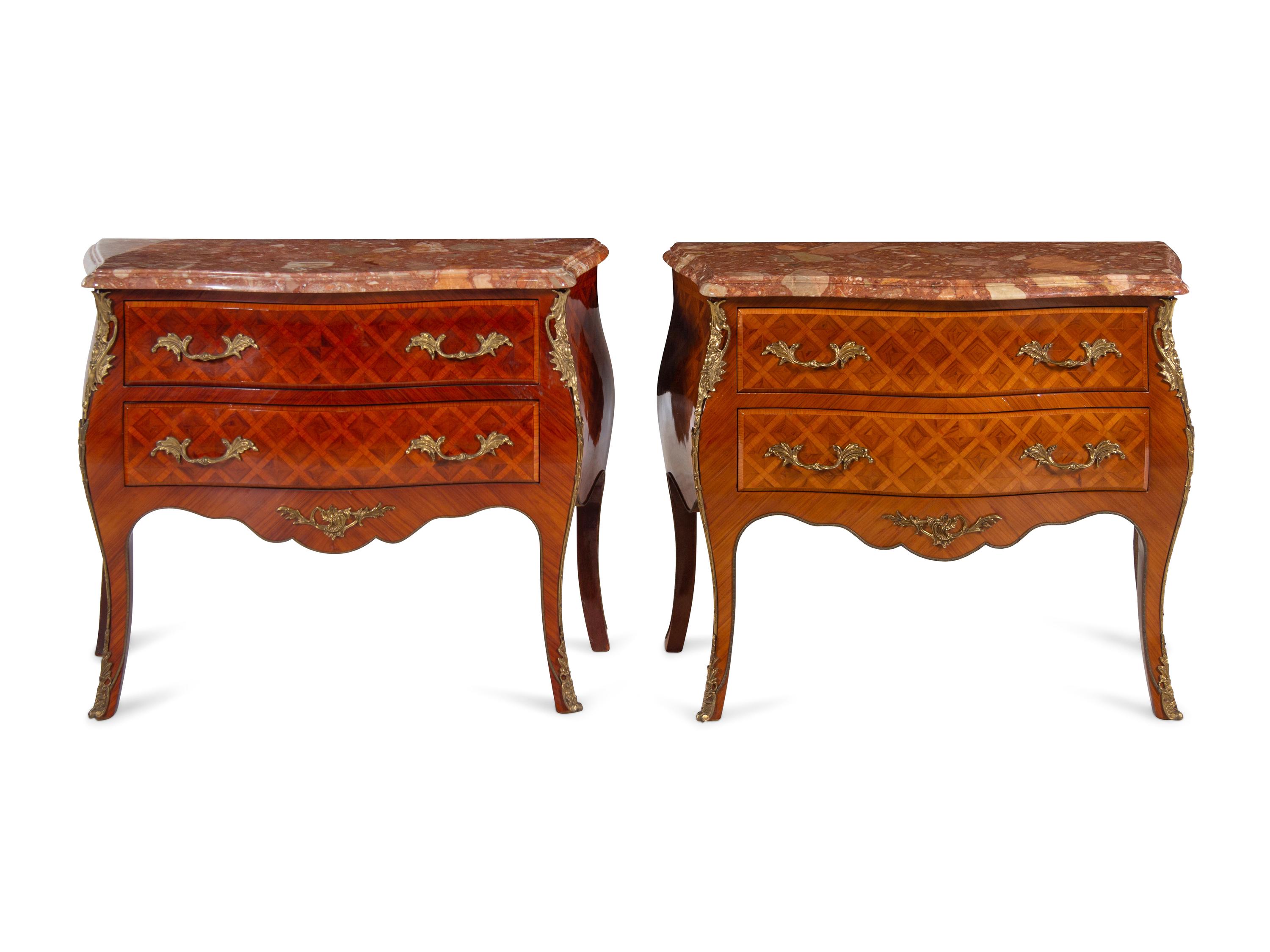 A Near Pair of Louis XV Style Gilt Metal Mounted Parquetry Marble-Top Commodes
