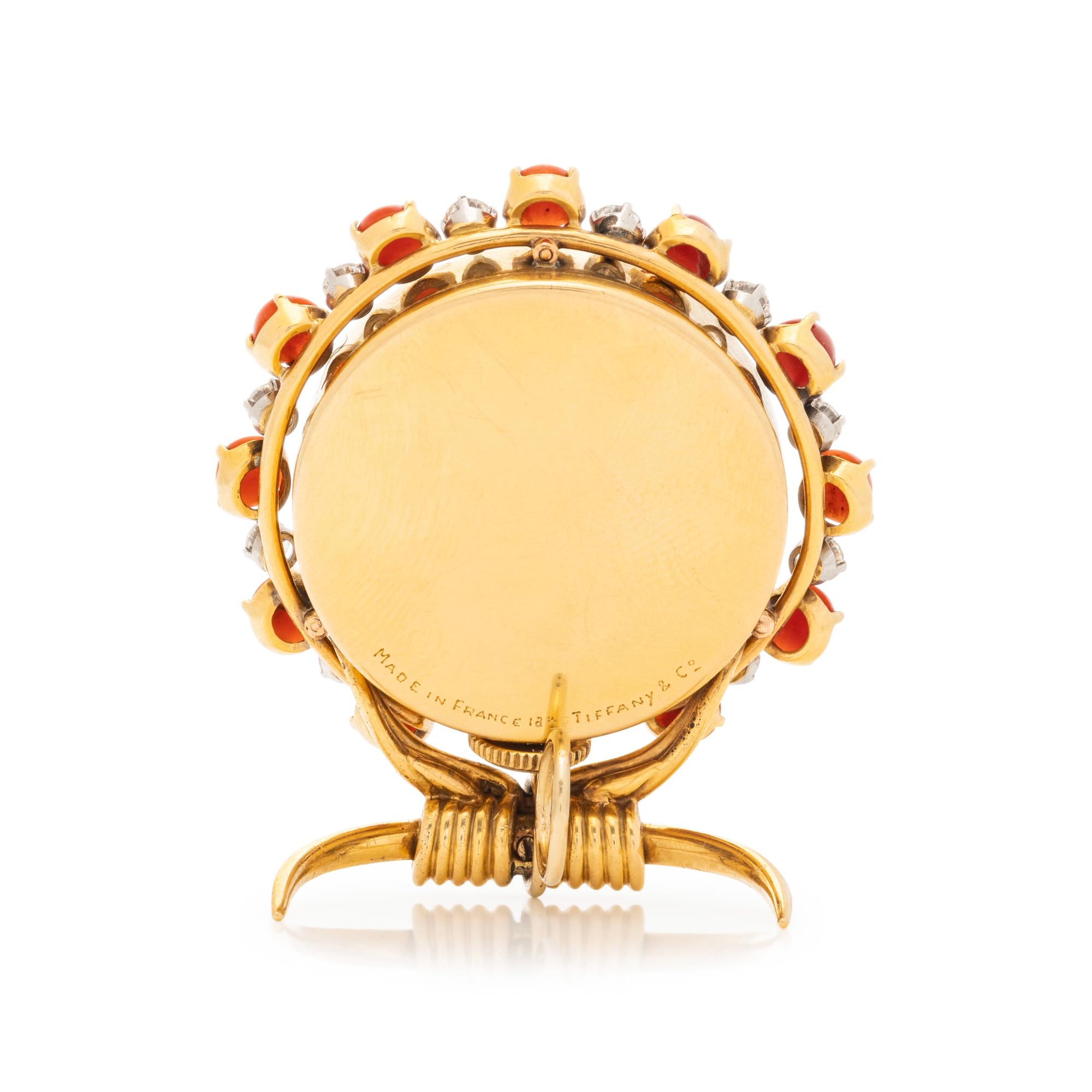 TIFFANY & CO., FRENCH, RETRO, YELLOW GOLD, DIAMOND AND CORAL TRAVEL CLOCK/PENDANT
