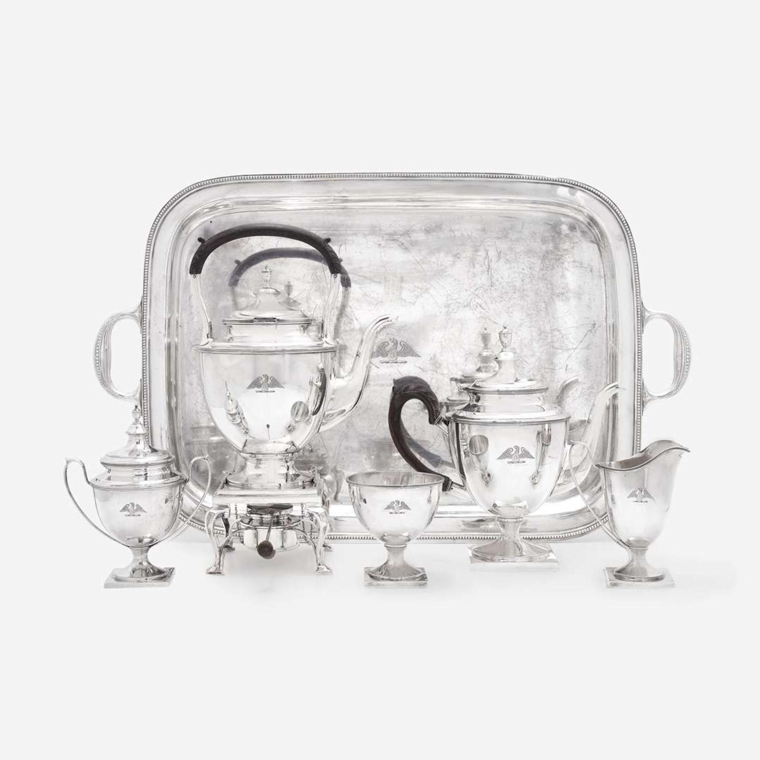 An American Sterling Silver Five-Piece Tea Service with Tray J.E. Caldwell & Co., Philadelphia, PA, mid 20th century