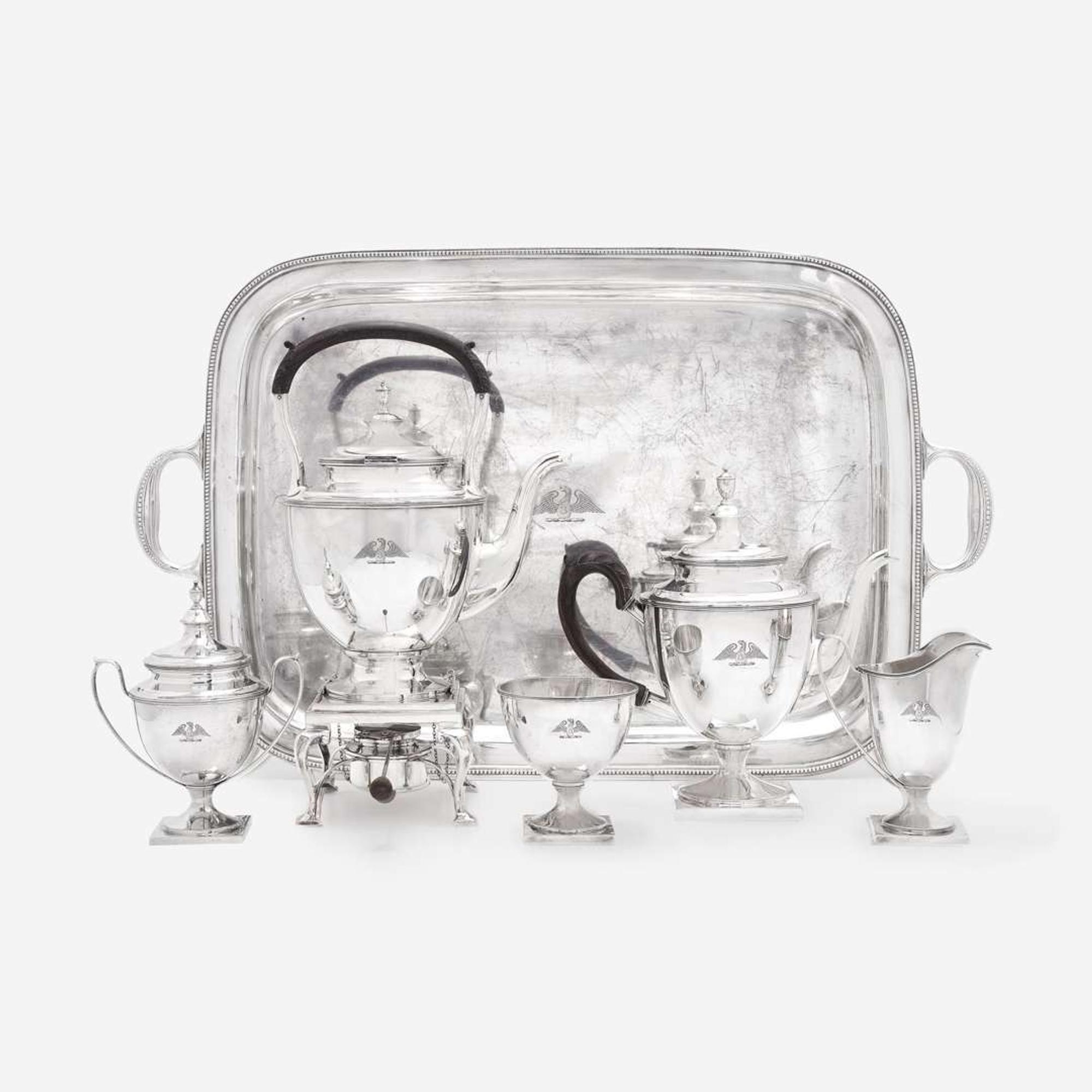 An American Sterling Silver Five-Piece Tea Service with Tray J.E. Caldwell & Co., Philadelphia, PA, mid 20th century