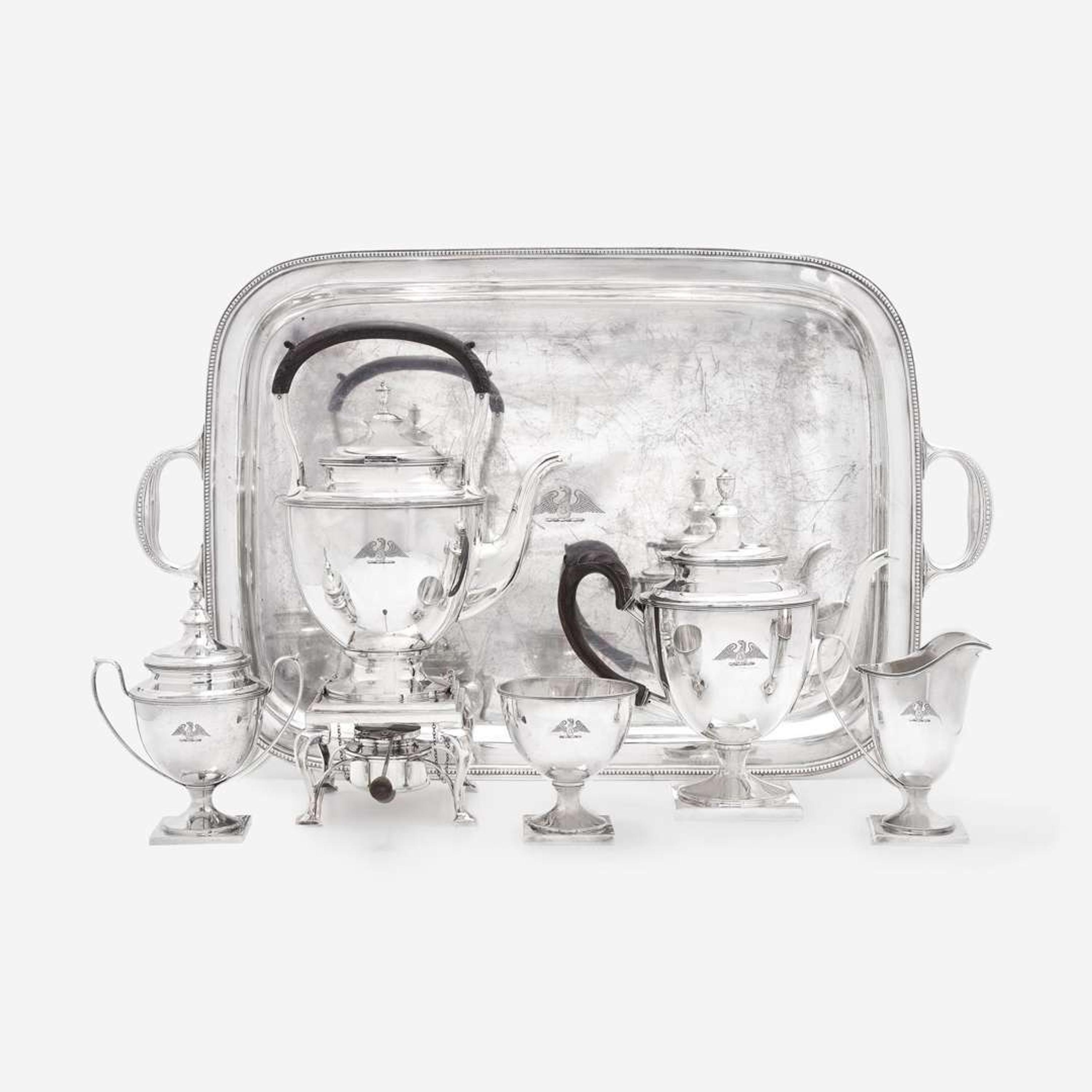 An American Sterling Silver Five-Piece Tea Service with Tray J.E. Caldwell & Co., Philadelphia, PA, mid 20th century