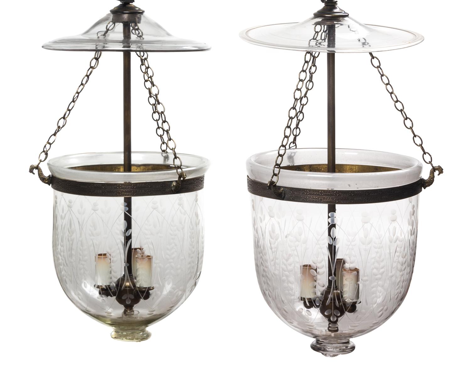 A Pair of Etched Glass Three-Light Hall Lanterns Diameter of shade 9 5/8 inches.