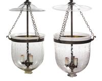 A Pair of Etched Glass Three-Light Hall Lanterns Diameter of shade 9 5/8 inches.