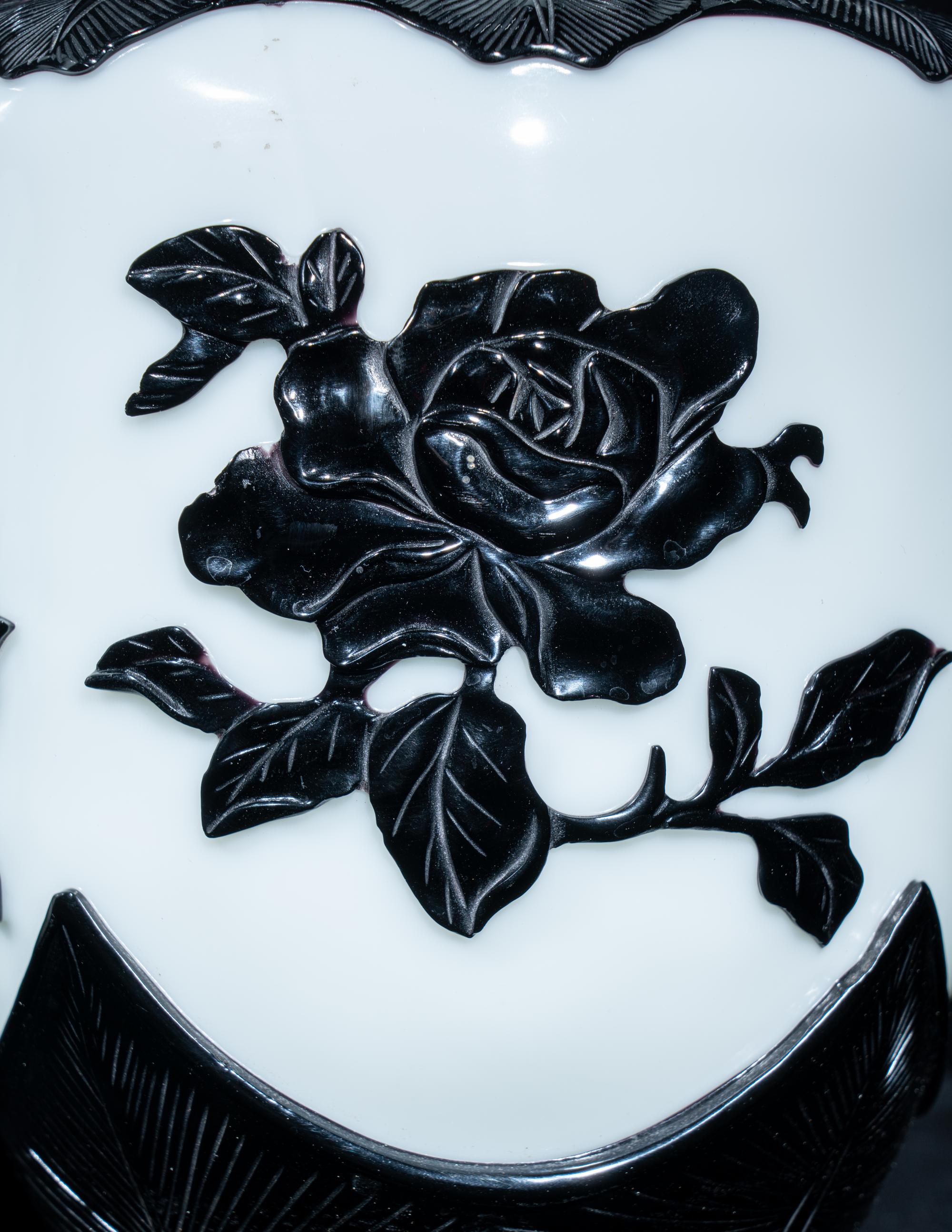 A Pair of Chinese Black Overlay White Ground Peking Glass Vases