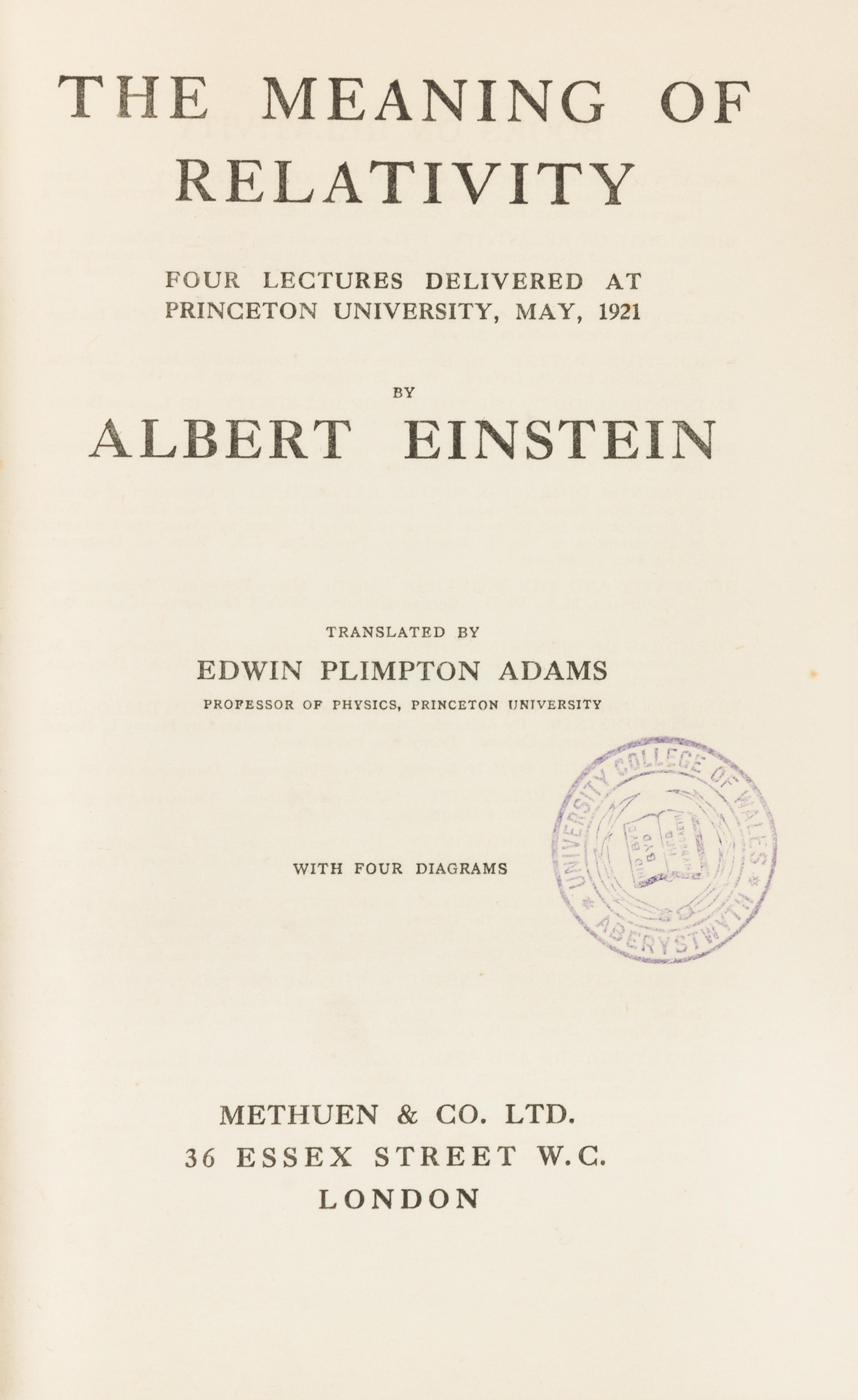 [ALBERT EINSTEIN] Two translations of Einstein's works, comprising: The Theory of Relativity [with] The Meaning of Relativity.