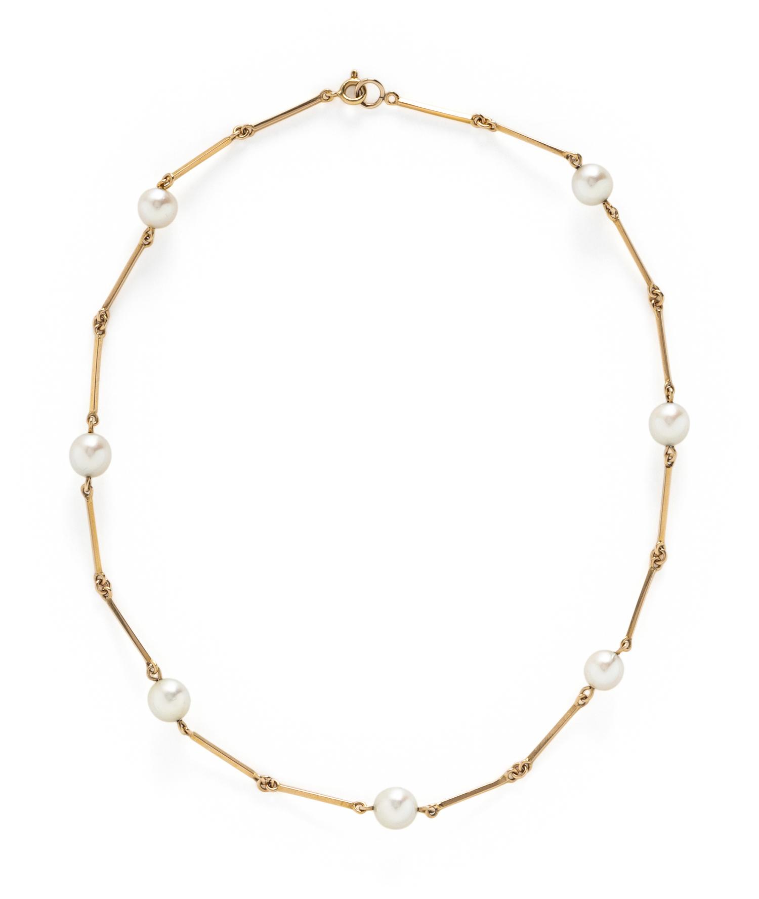 THREE NESTING CULTURED PEARL AND YELLOW GOLD STATION NECKLACES