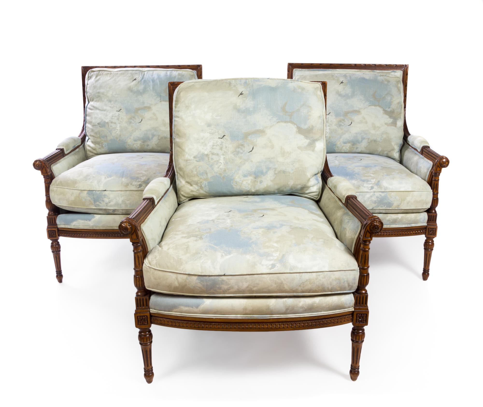 A Set of Three Louis XVI Style Bergeres Height 36 inches. — 20TH CENTURY