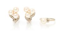 A Collection of White Gold, Cultured Pearl and Diamond Jewelry, 6.00 dwts.