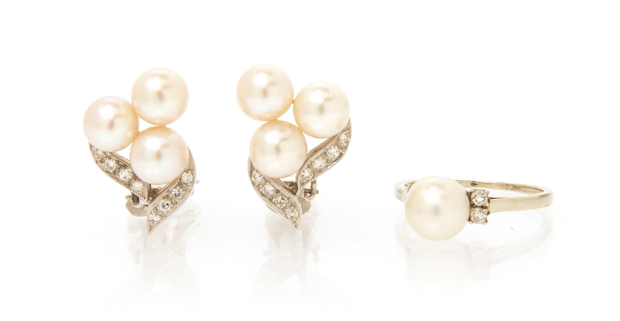 A Collection of White Gold, Cultured Pearl and Diamond Jewelry, 6.00 dwts.