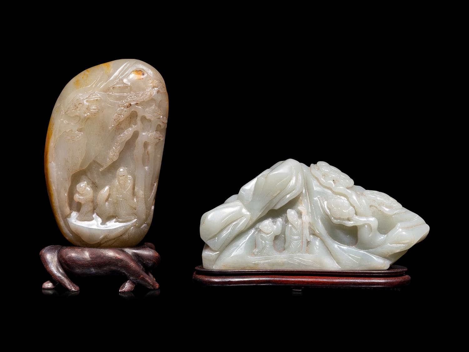 Two Chinese Carved Celadon Jade Boulders