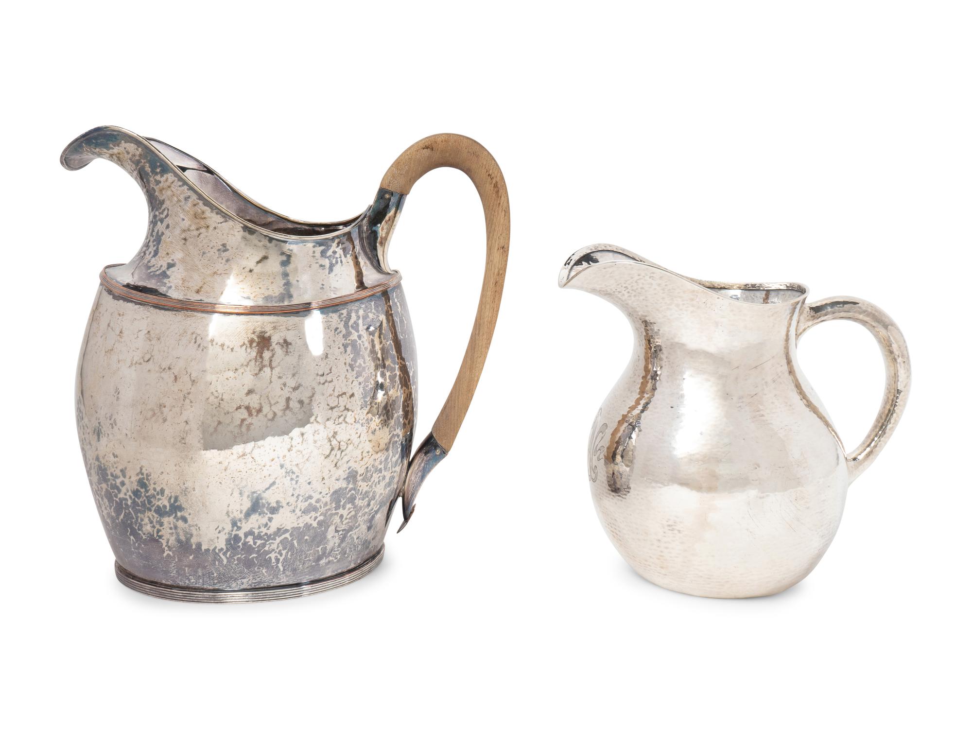 A Gorham Silver Pitcher and an American Hammered Silverplate Pitcher