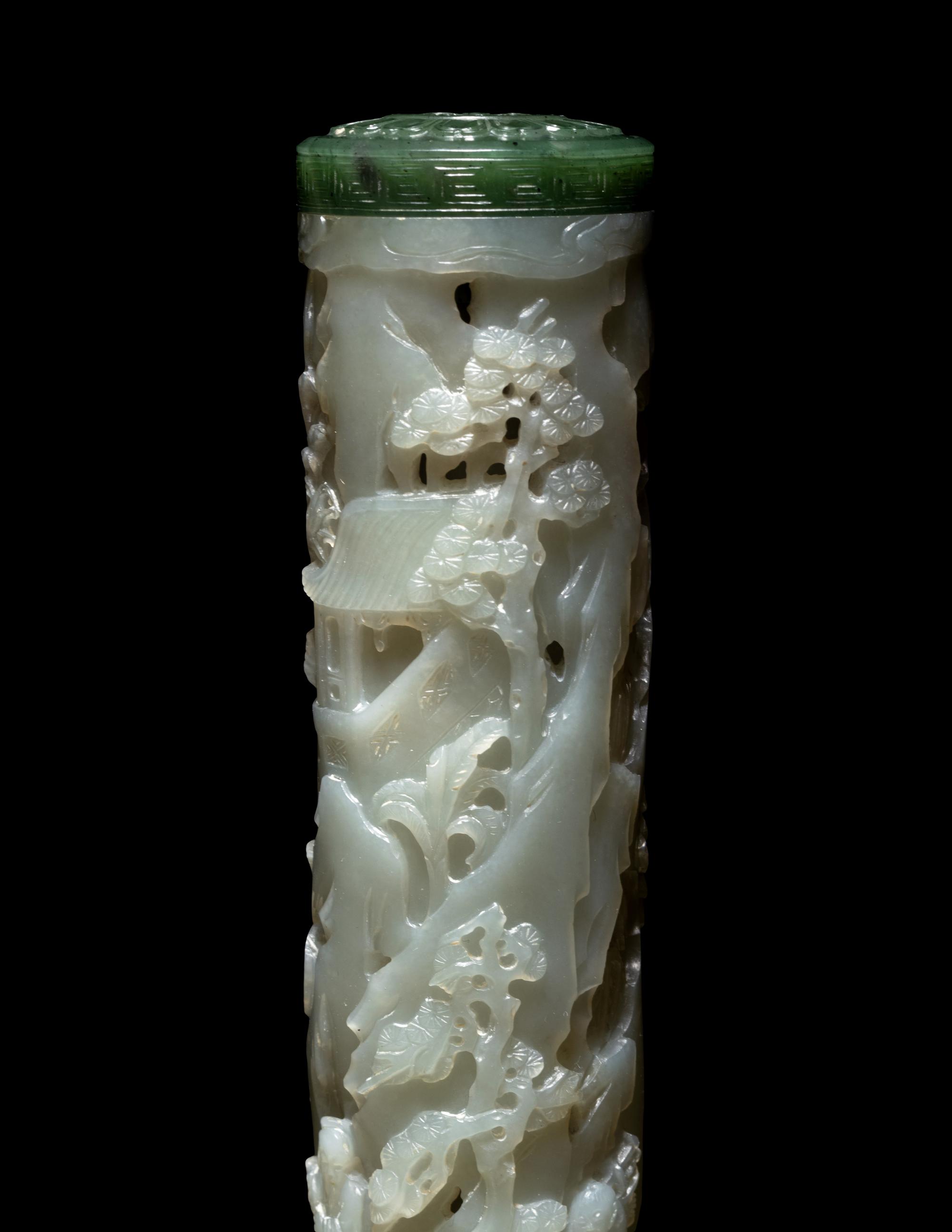 A Pair of Carved Celadon Jade Cylindrical Parfumiers