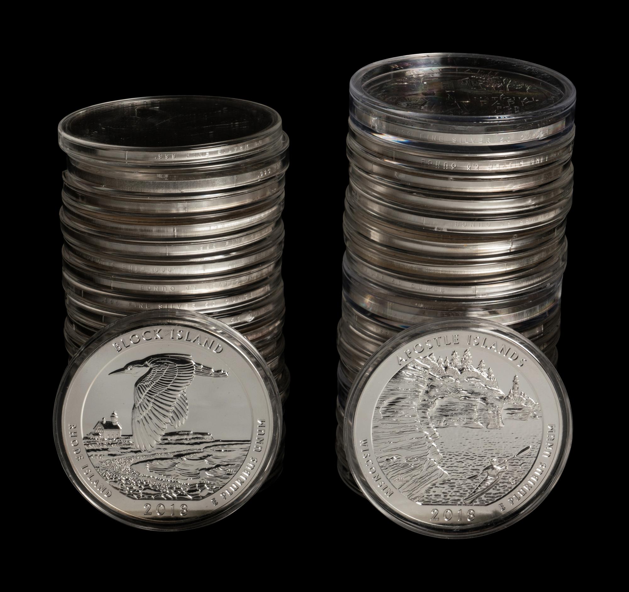 A Large Collection of Eighty-Eight US-Mint Issued America the Beautiful 5 oz. Silver Rounds