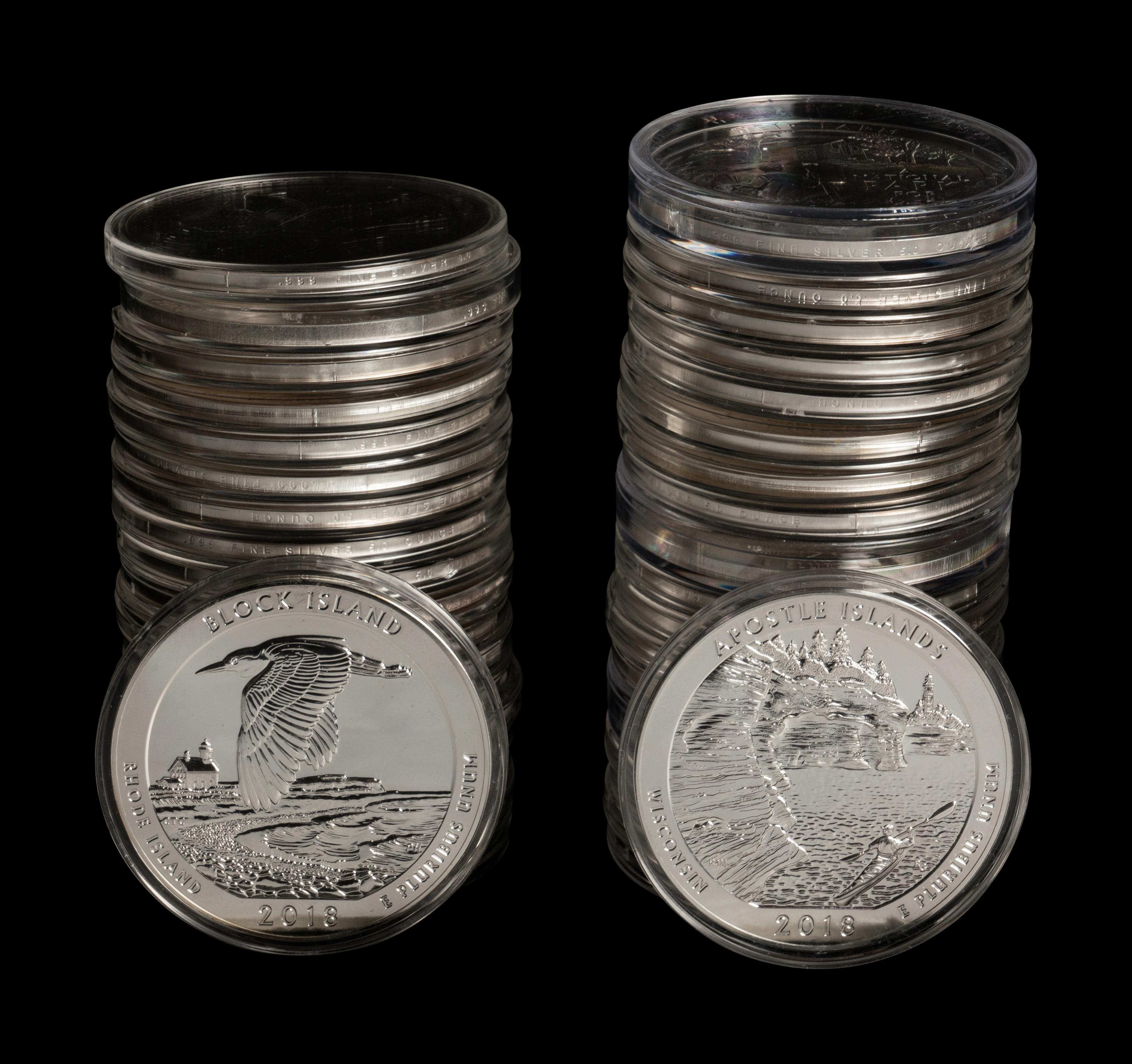 A Large Collection of Eighty-Eight US-Mint Issued America the Beautiful 5 oz. Silver Rounds