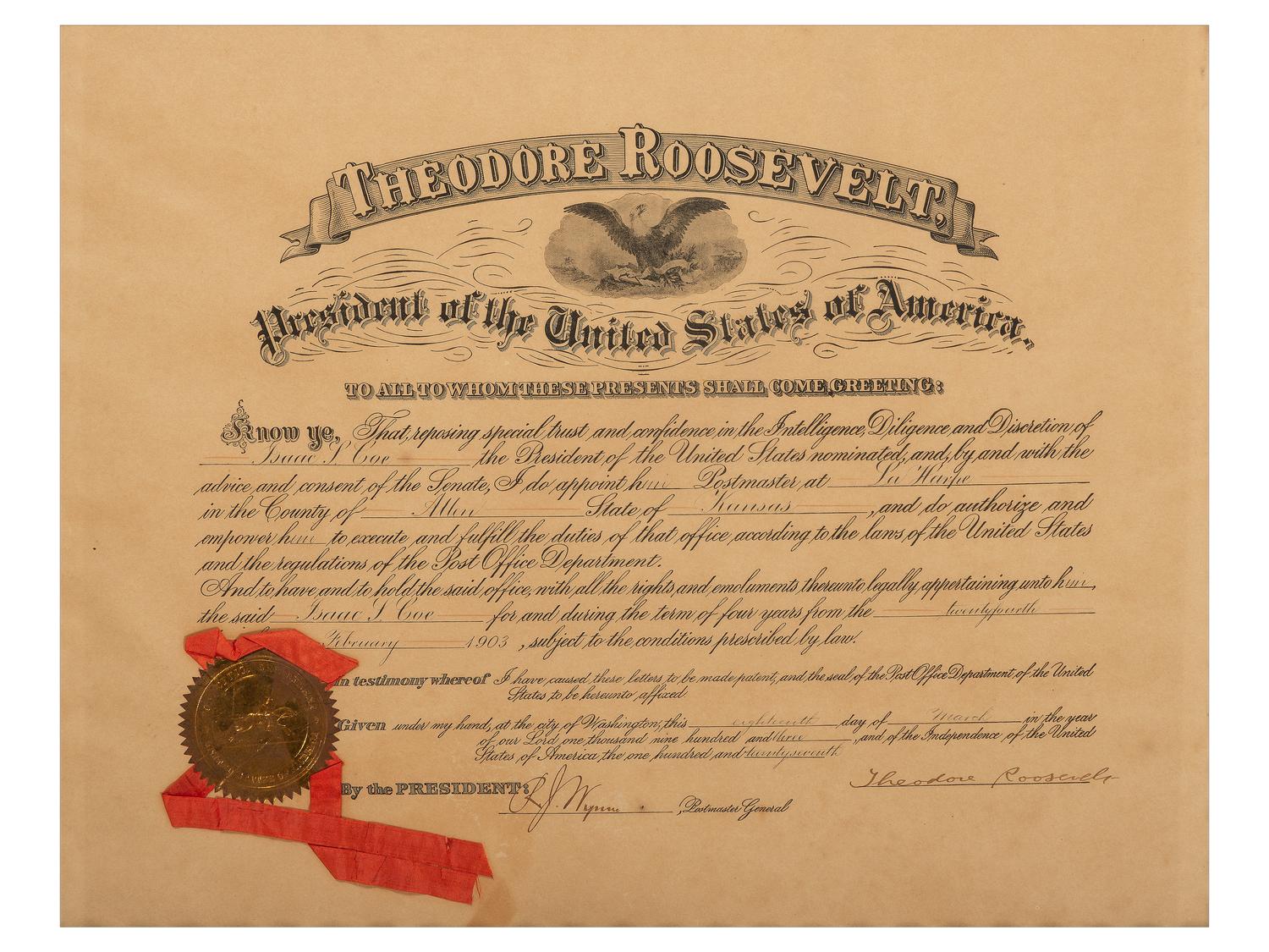 ROOSEVELT, Theodore (1858-1919). Partly-printed commission signed ("Theodore Roosevelt"). Washington, D.C., 18 March 1903.