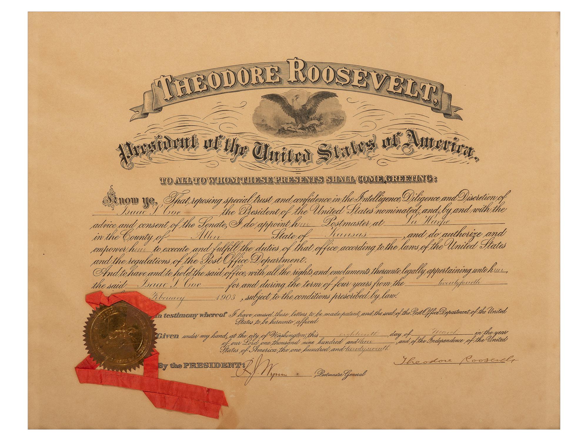 ROOSEVELT, Theodore (1858-1919). Partly-printed commission signed ("Theodore Roosevelt"). Washington, D.C., 18 March 1903.